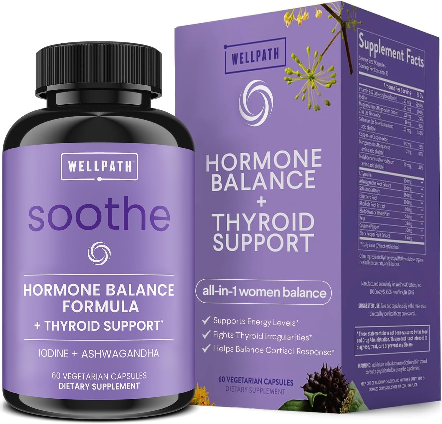 WellPath Soothe Hormone Balance for Women – Thyroid Support for Women – Ashwagandha, Rhodiola, Iodine, Selenium & L-Tyrosine – Mood & Adrenal Support Supplement – Non-GMO, Gluten-Free, 60 Ct