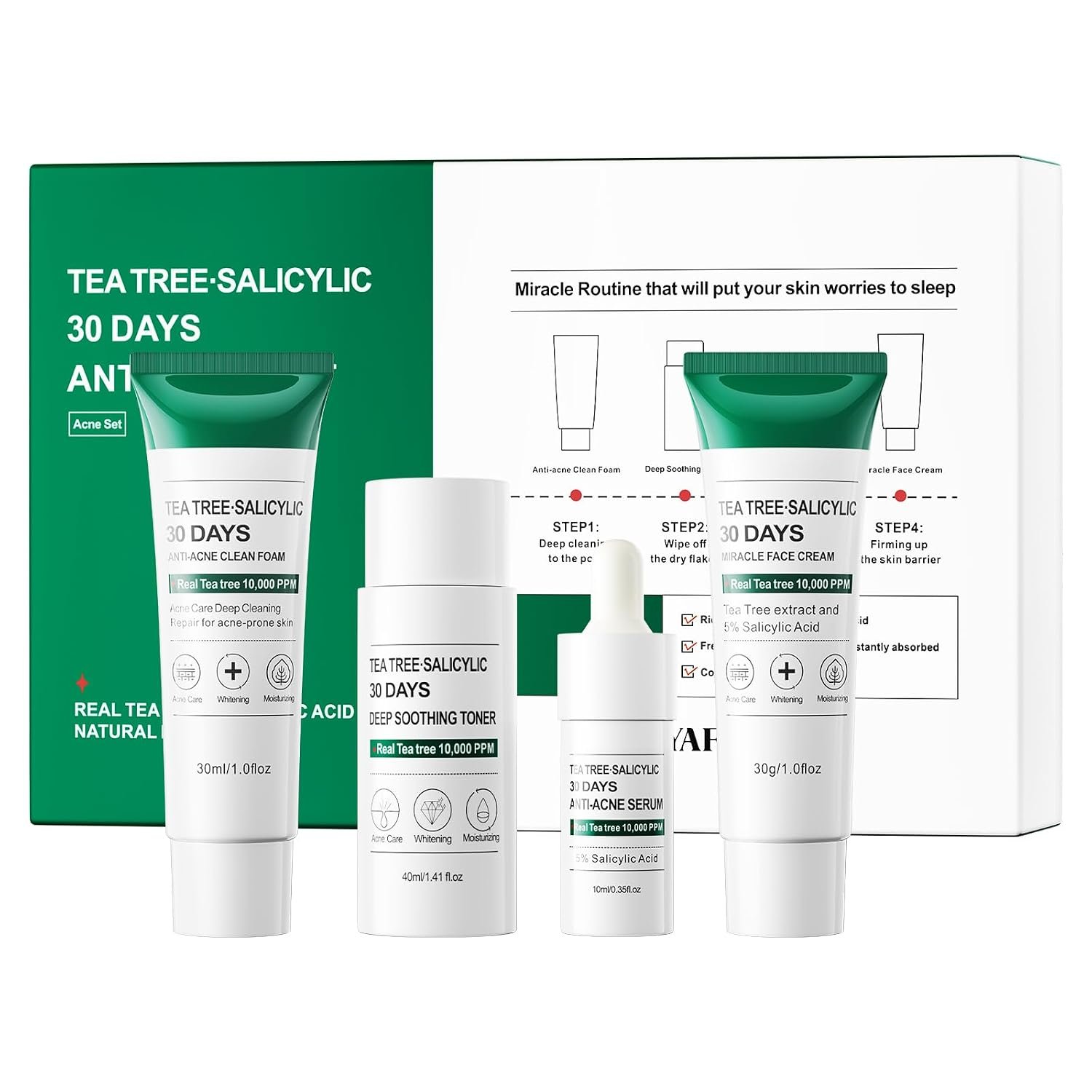 Tea Tree Salicylic Acid Facial Skin Care Set & kits, Mini Travel Size Set for Acne Prone Skin – Cystic Hormonal Acne Treatment with Face Cleanser Toner Serum Cream Moisturizer Gifts for Women