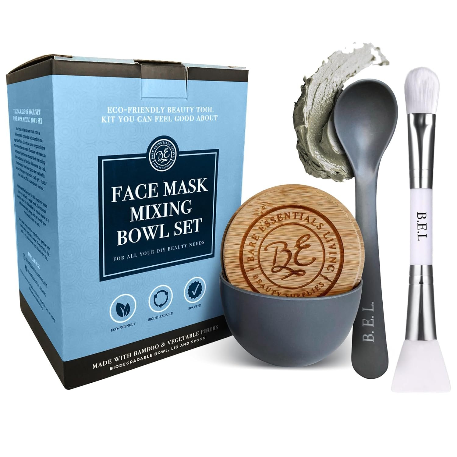 Bare Essentials Living – Clay Face Mask Mixing Bowl Set, Skin Care Kit Facial Bowls with Bamboo Lid, Face Mask Spoon, & Dual Sided Face Mask Brush Applicator for DIY Clay Mask, Facials & Hair (Grey)