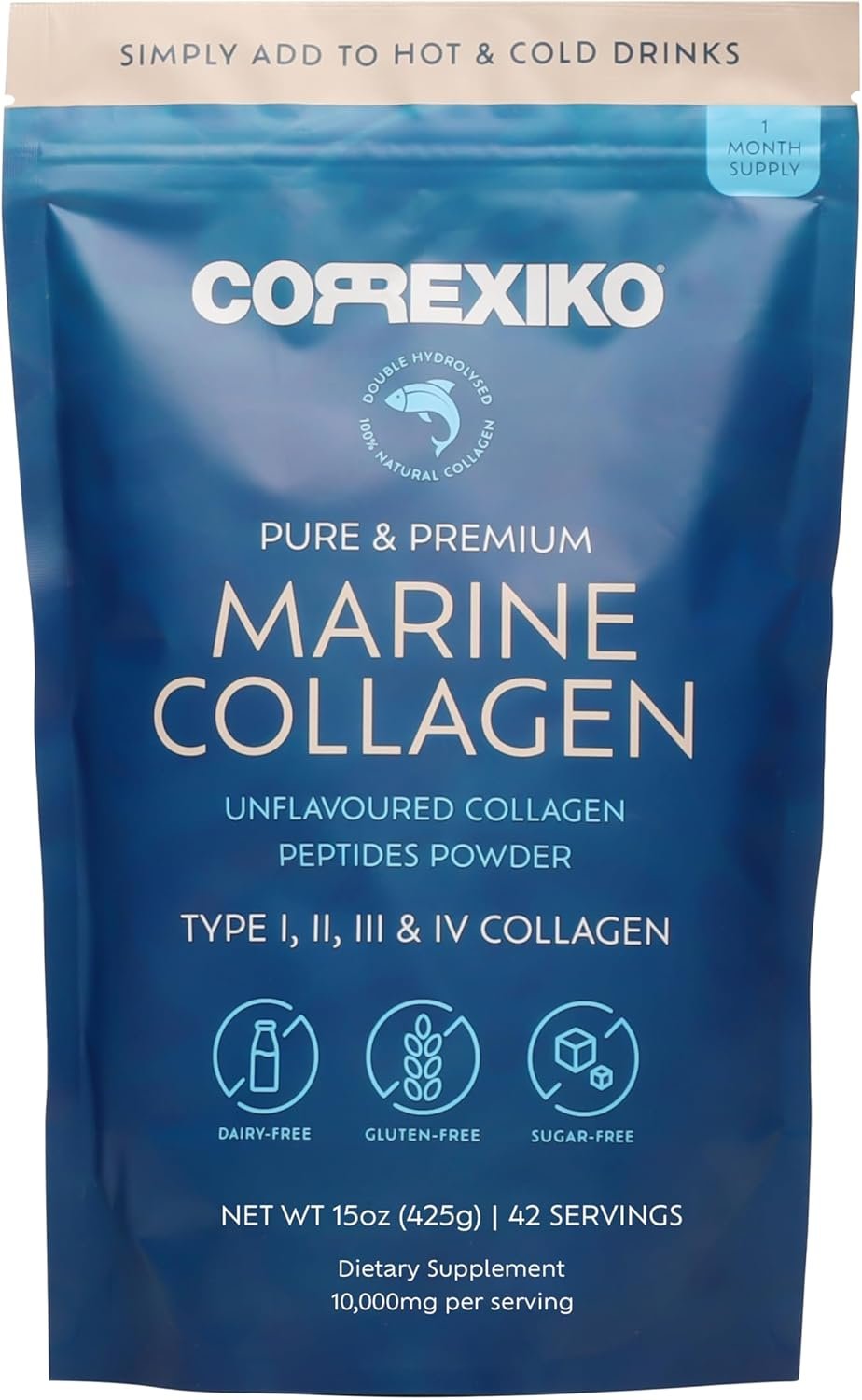 CORREXIKO Marine Collagen Powder Supplement Unflavored – Hydrolyzed Collagen Peptides – Formulated for Maximum Absorption – Hair, Skin & Nails – 15oz, 42 Servings
