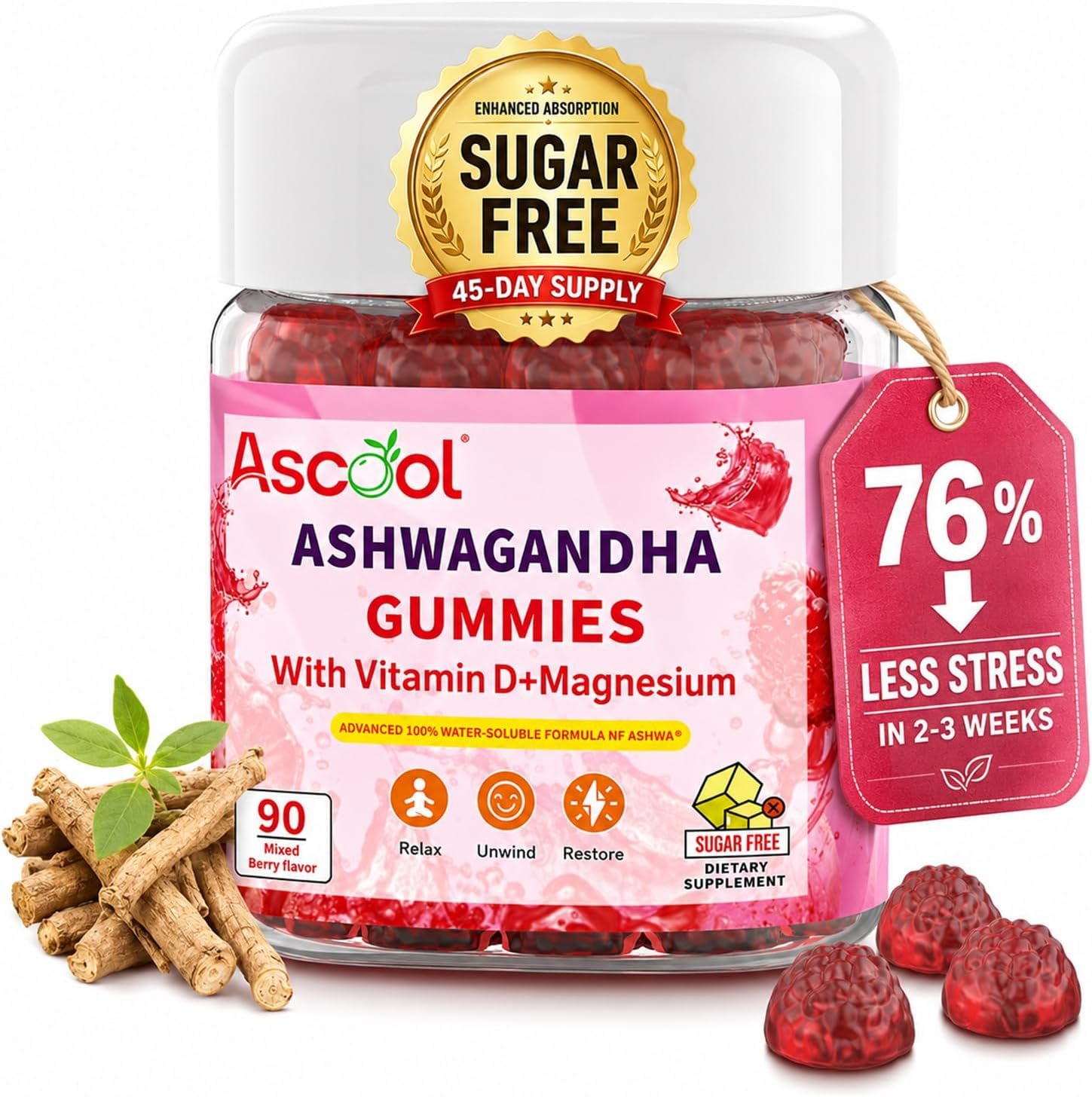 Ashwagandha Gummies for Stress Relief & Calm with Magnesium + Vitamin D – 90 Count Sugar-Free, Vegan Ashwa Supplements