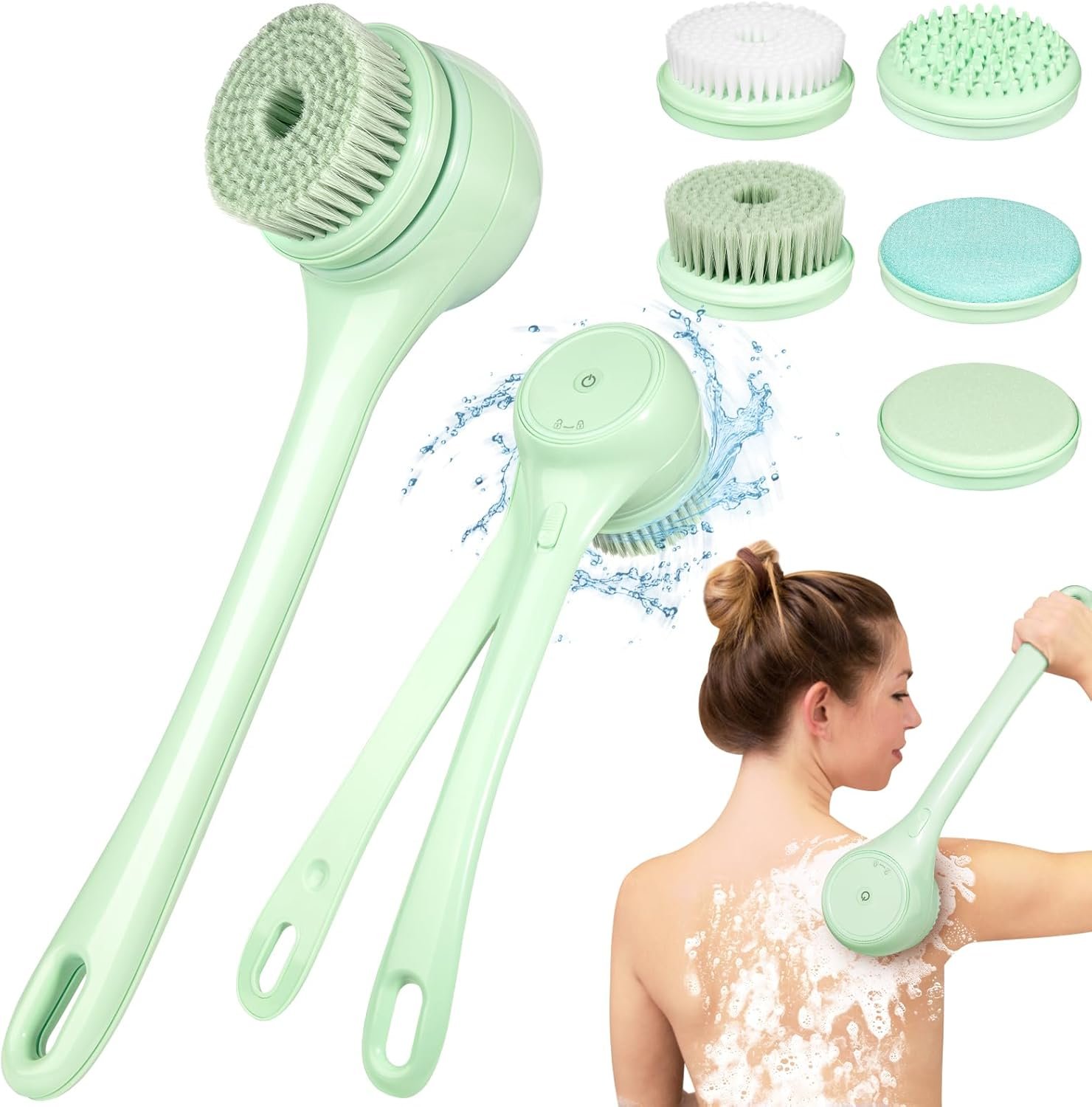 Electric Body Brush, Auto Spinning Back Scrubber for Shower, USB Rechargeable Bath Brush with Dual Long Handle, 5 Replaceable Heads, Waterproof Exfoliating Massage Brush for Skincare, Spa and Bath