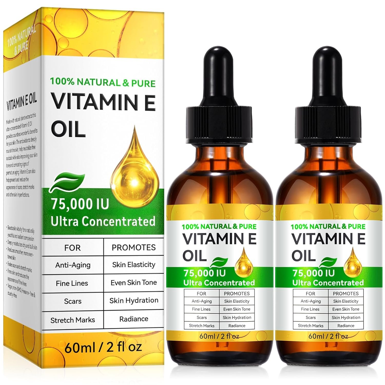 2 Pack Vitamin E Oil, 75,000 IU Organic Pure Vitamin E Oil for Tightening Plump Skin, Reduce Fine Lines & Scars, Moisturizing Skin, Face & Full Body