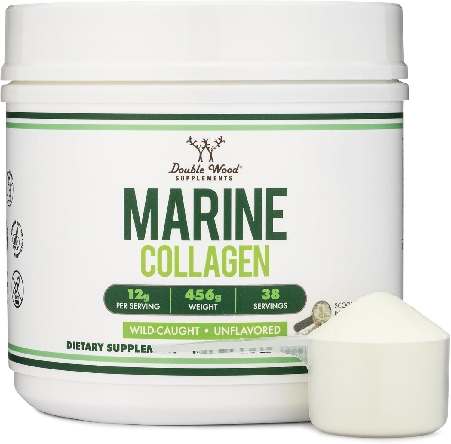 Double Wood Supplements Marine Collagen Powder (1 LB / 16 OZ of Quick Dissolve Marine Collagen Peptides) Wildcaught, Unflavored, Micronized – Scoop Included, No Fillers (38 Servings of 12 Grams Each)