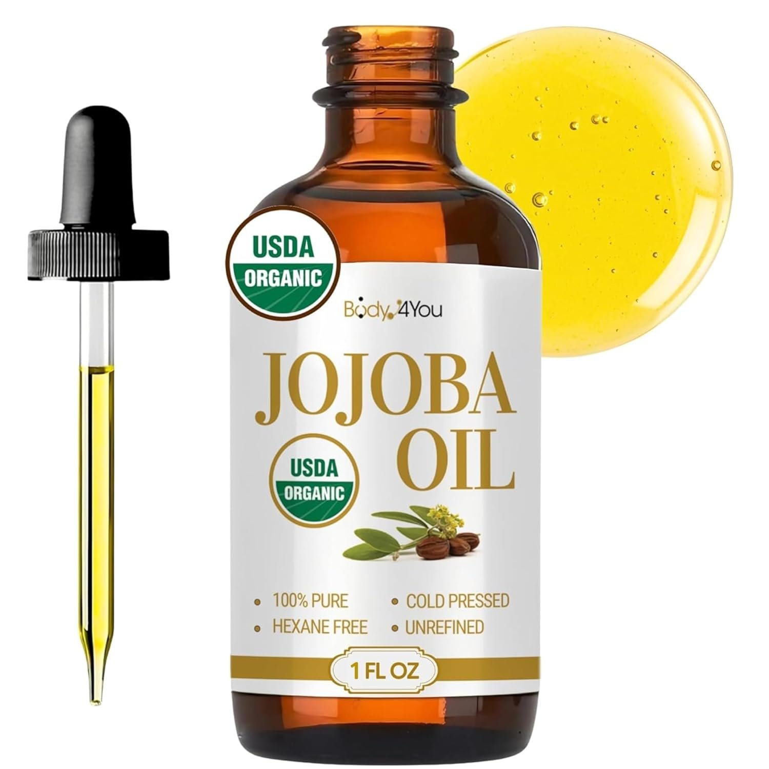 BodyJ4You Organic Jojoba Oil for Skin – USDA Organic 100% Pure Natural – Face Skin Gua Sha Facial Dermaplaning Hair Scalp Massage – Unrefined Cold Pressed Hexane Free – Base Carrier Wax – 1 Fl Oz