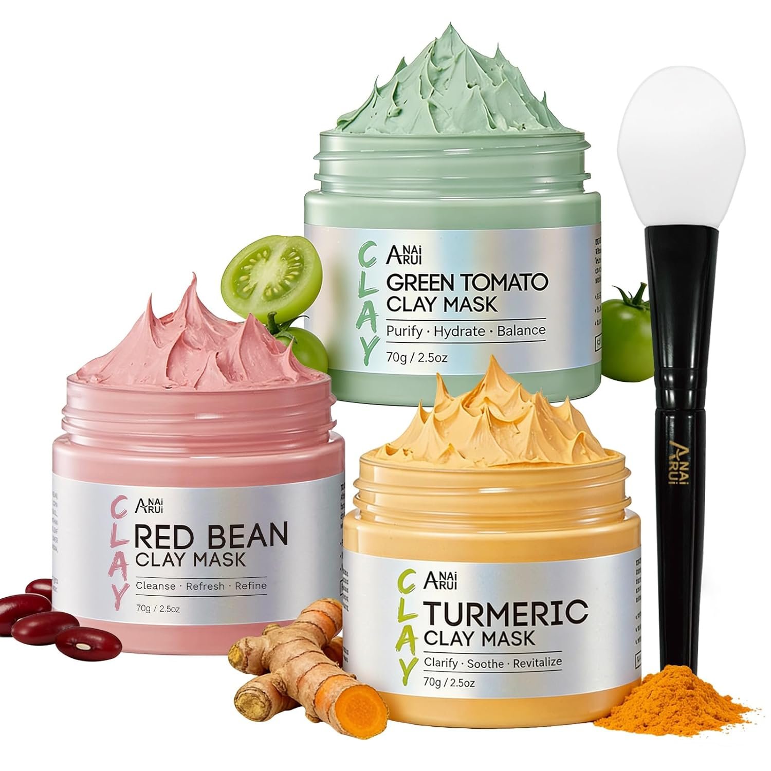 ANAI RUI 3 Pcs Pore Cleansing Face Mask Set Green Tomato Clay Mask – Turmeric Vitamin C Facial Mask Red Bean Refreshing Pore Mask, Relaxing Spa Gift Set Self Care for Women/Teens Girls 2.5 oz each