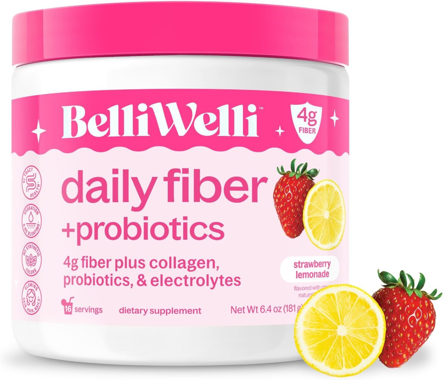 BelliWelli Fiber Supplement for Women & Men Premium Daily Fiber Powder from Organic Acacia with Added Collagen Electrolytes & Probiotics No Bloat Constipation & Gut Health Support(Strawberry Lemonade)