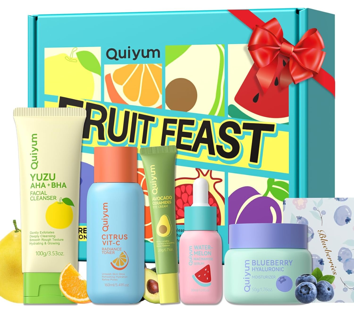 QUIYUM Fruit Skincare for Teens, 5 Daily Routine Beauty Skin Care Sets – Exfoliating, Smooth, Clean, Oil Control, Firm, Hydrating, Glow Up, Facial Skincare Gift Set for Girls, for All Skin Types