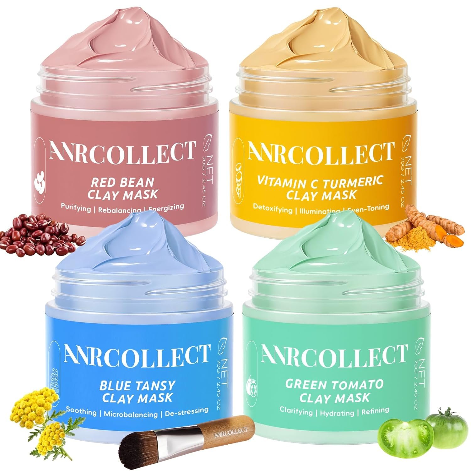 ANRCOLLECT 4-Pack Clay Face Mask Set – Red Bean Hydrating, Green Tomato Oil Control, Vitamin C Brightening, Blue Tansy Soothing with Wooden Brush – Complete Skincare Kit Spa Gift Set