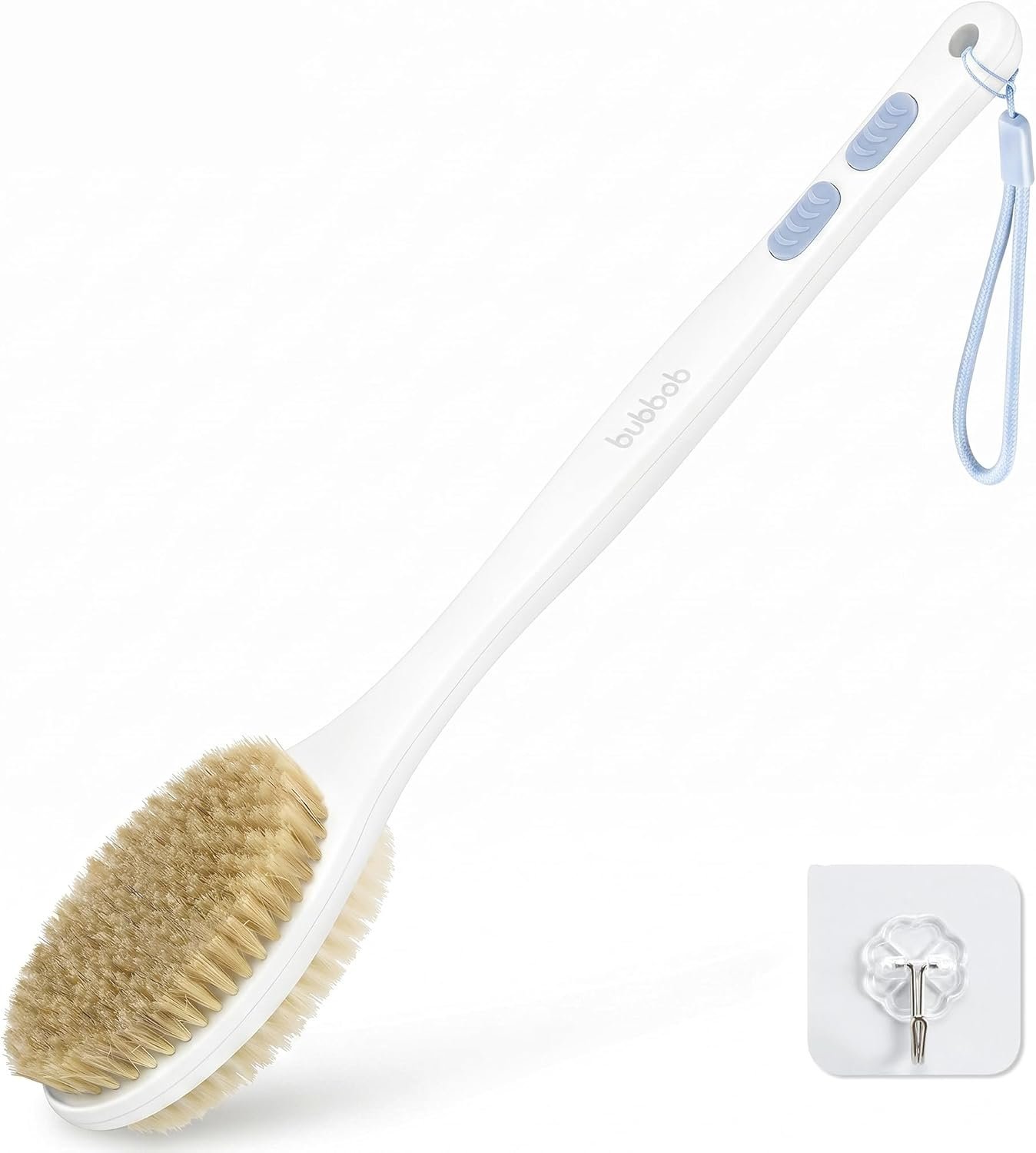 Back Scrubber for Shower with Long Handle, Exfoliating Bath Brush for Body – Double Sided Bristles (Stiff & Soft), Anti-Slip Grip, Lightweight – Gift for Seniors, Includes Lanyard & Hook, Blue