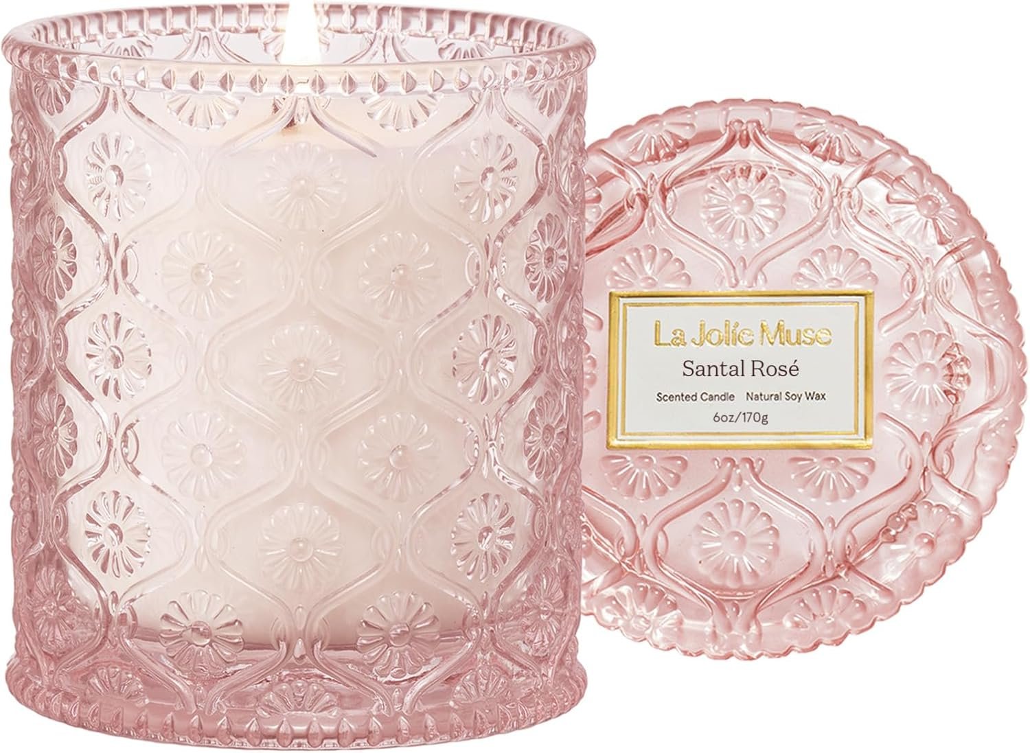 LA JOLIE MUSE Santal Rosé Scented Candle for Home | Non Toxic Natural Soy | Pink Jar Candle | Luxury Gifts for Women | Sandalwood Rose | 40 Hrs