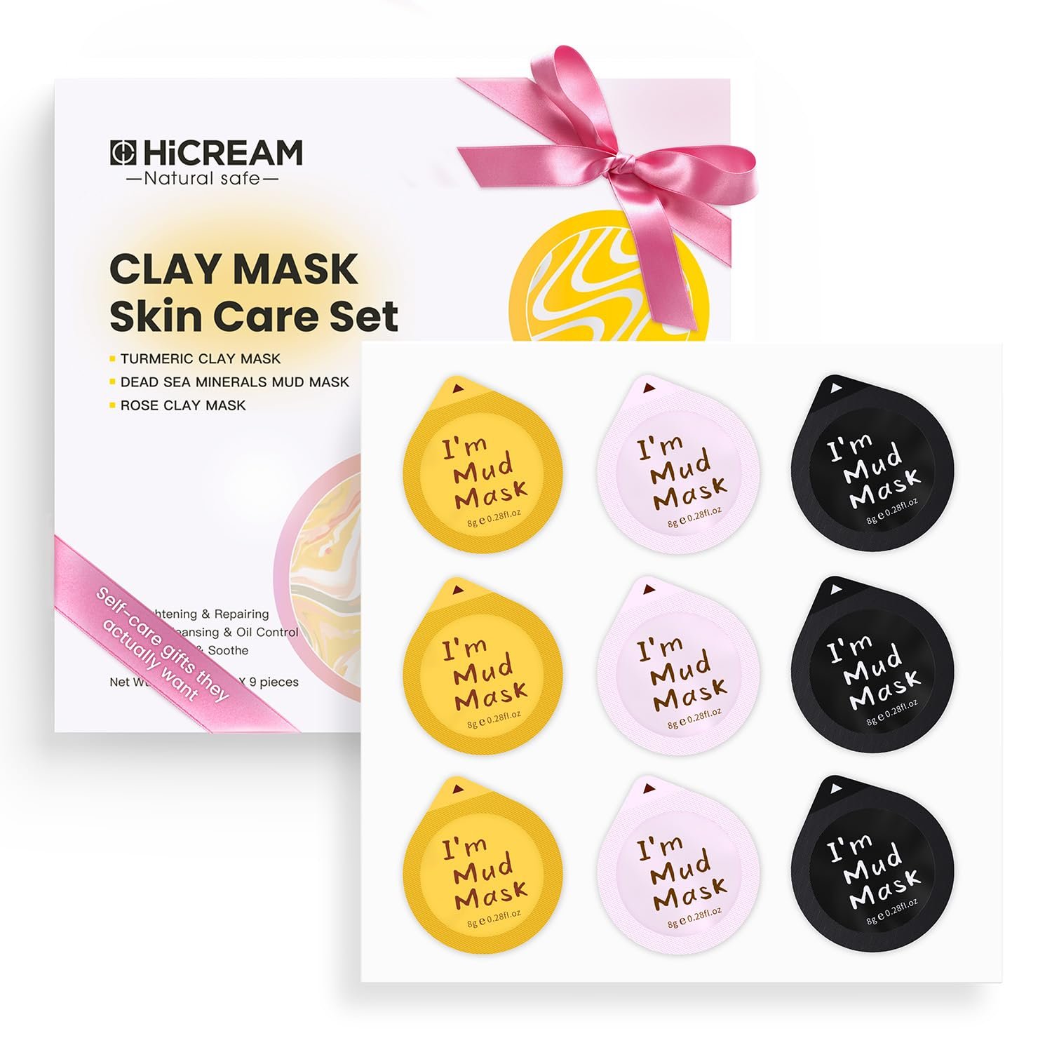 Clay Facial Mask Set 9 Pack – Turmeric Clay Mask – Rose – Dead Sea Minerals Mud Mask, Skincare Gift Set – Brightening, Moisturize & Deep cleansing for Dry, Sensitive Skin, Travel-Friendly & Portable