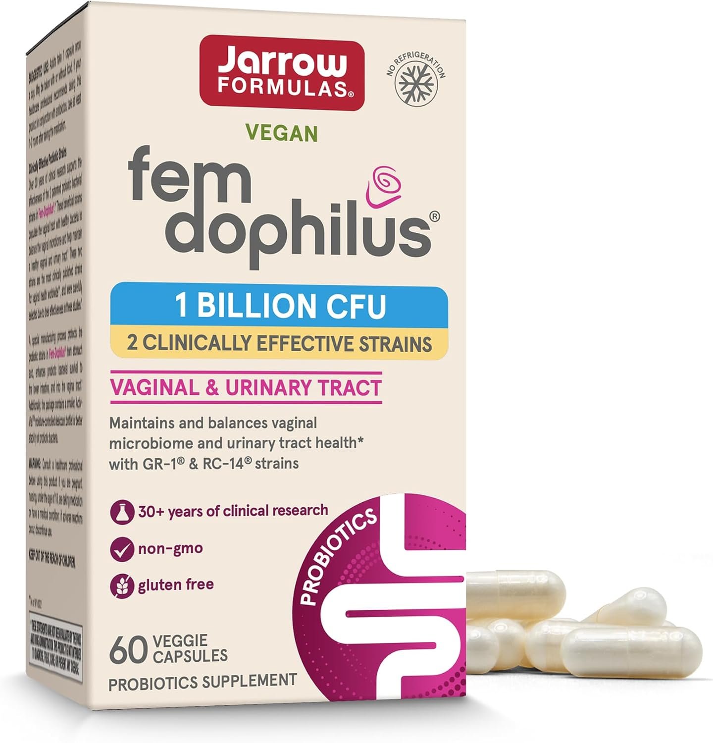 Jarrow Formulas Fem-Dophilus Vaginal Probiotics 1 Billion CFU With 2 Science-Backed Strains, Dietary Supplement For Vaginal & Urinary Tract Support, 60 Capsules, 60 Day Supply, Shelf-Stable Probiotics