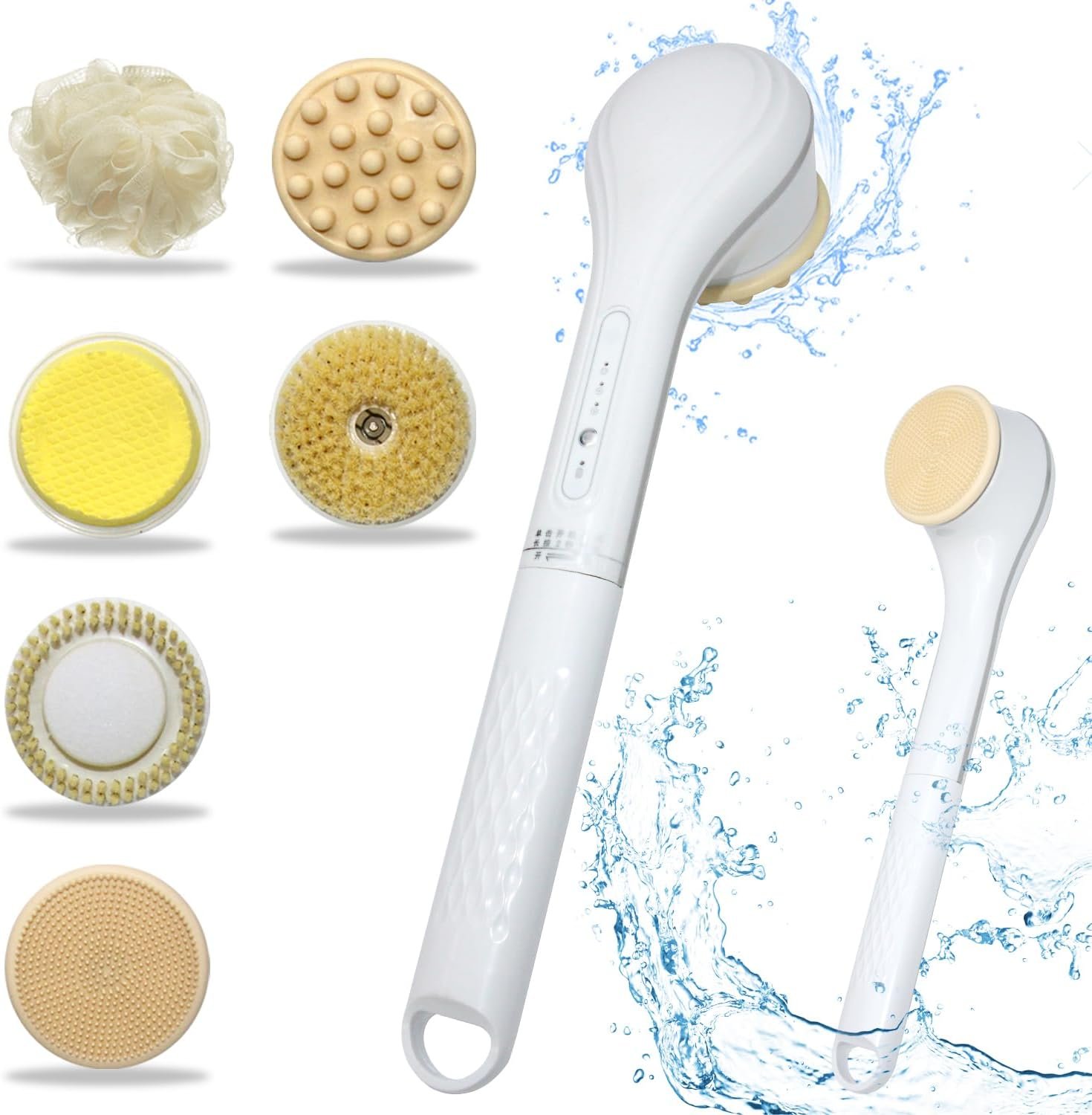 Electric Body Brush Set, Electric Body Brush for Shower, exfoliating Bath Brush with Long Handle, for Shower Lotion applicator, Back Silicone Body Scrub, with 6 Shower Brush Heads (White)