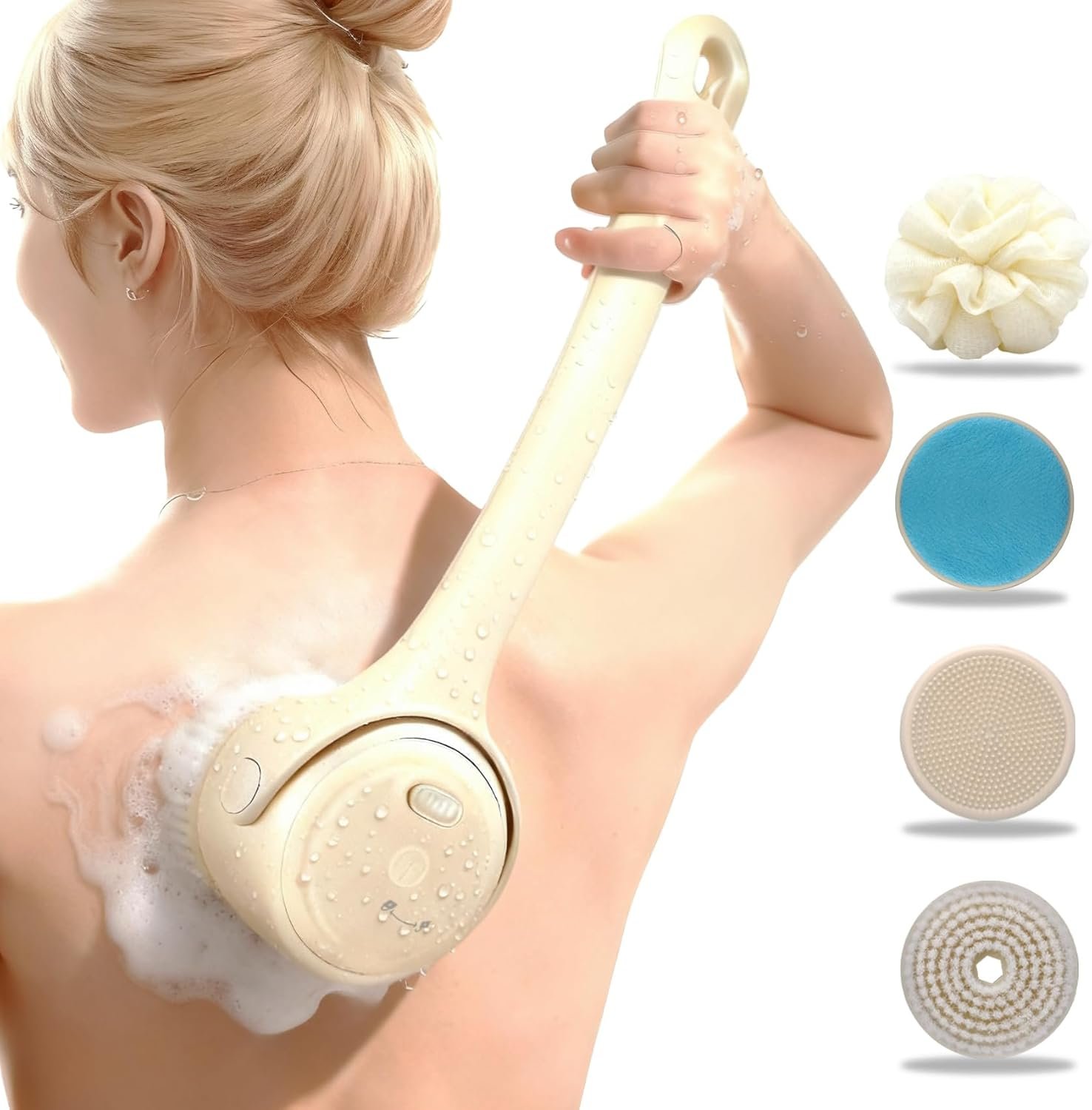 Electric Back Scrubber for Shower – Rechargeable Waterproof Body Exfoliator Brush with 4 Heads, Double Handles for Deep Cleaning & Skin Massag (Milk Coffee)