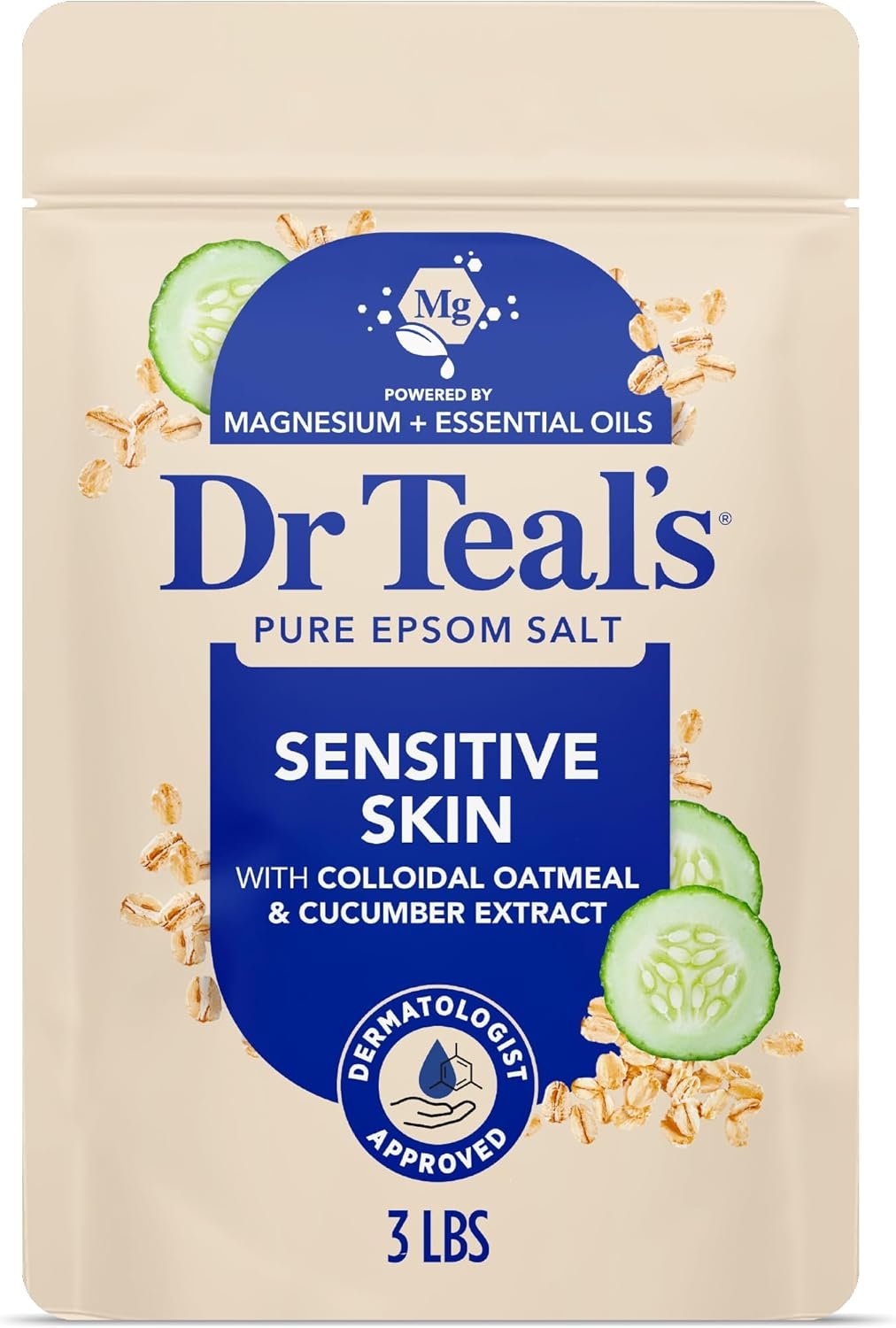 Dr Teal’s Epsom Salt Magnesium Soak, Sensitive Skin with Colloidal Oatmeal & Cucumber Extract, 3 lbs