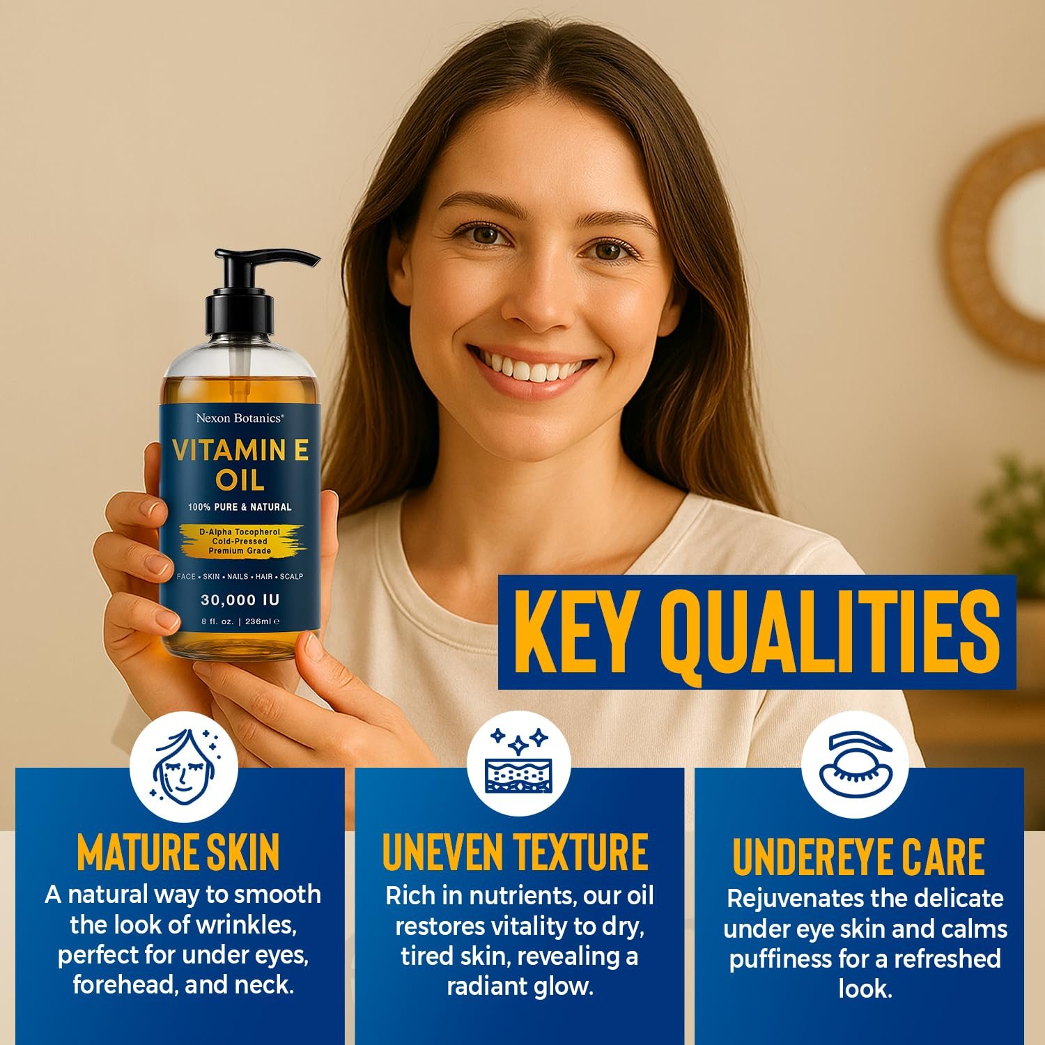 Pure Vitamin E Oil 30,000 IU, 8 fl oz – Cold-Pressed, Hexane Free, Natural Moisturizer for Skin & Face – Supports Scar & Stretch Mark Care by Nexon Botanics