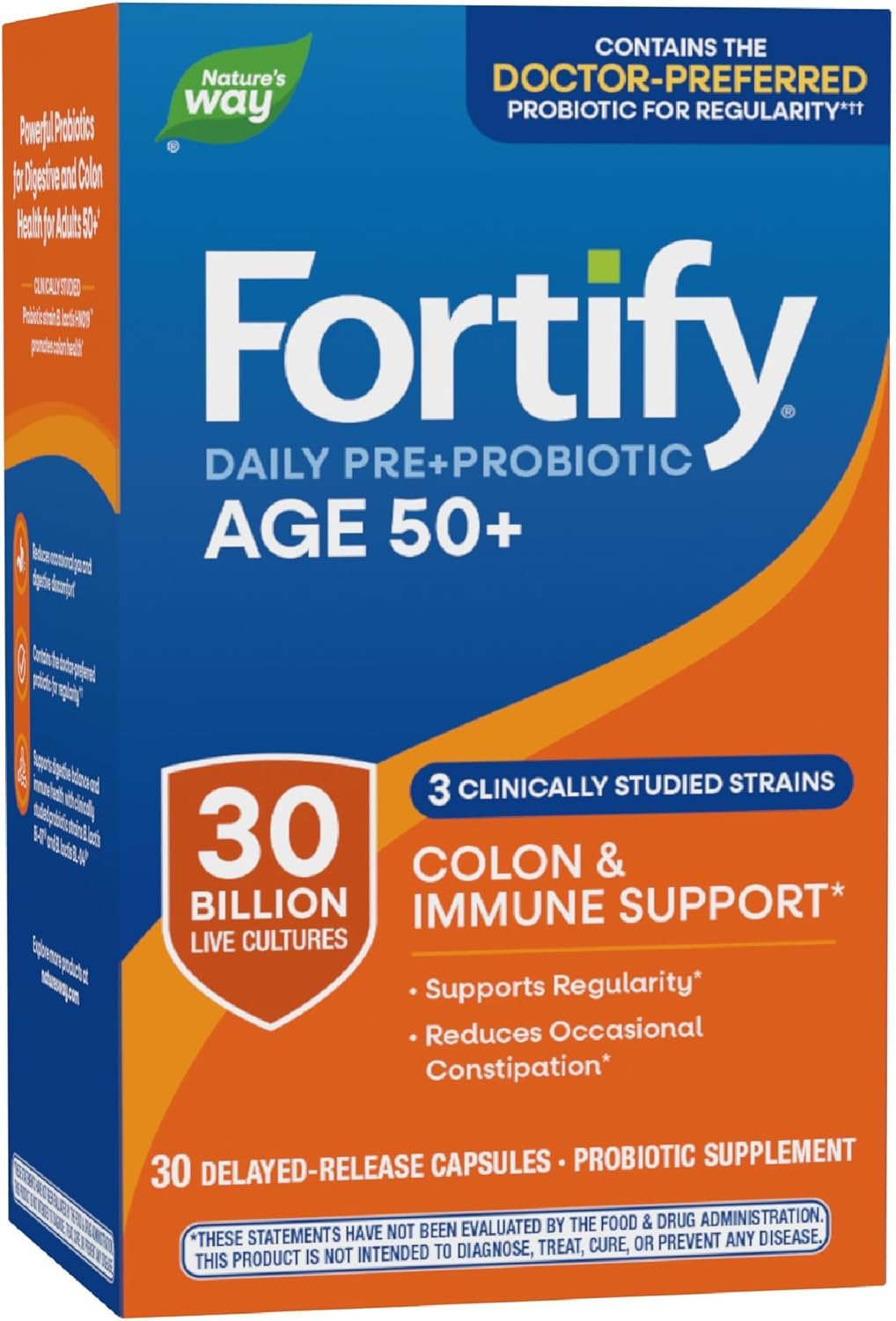 Nature’s Way Fortify Daily Pre+Probiotic Adults 50+ for Men & Women, 30 Billion Live Cultures, Colon, Digestive, and Immune Health Support* Supplement, 30 Capsules