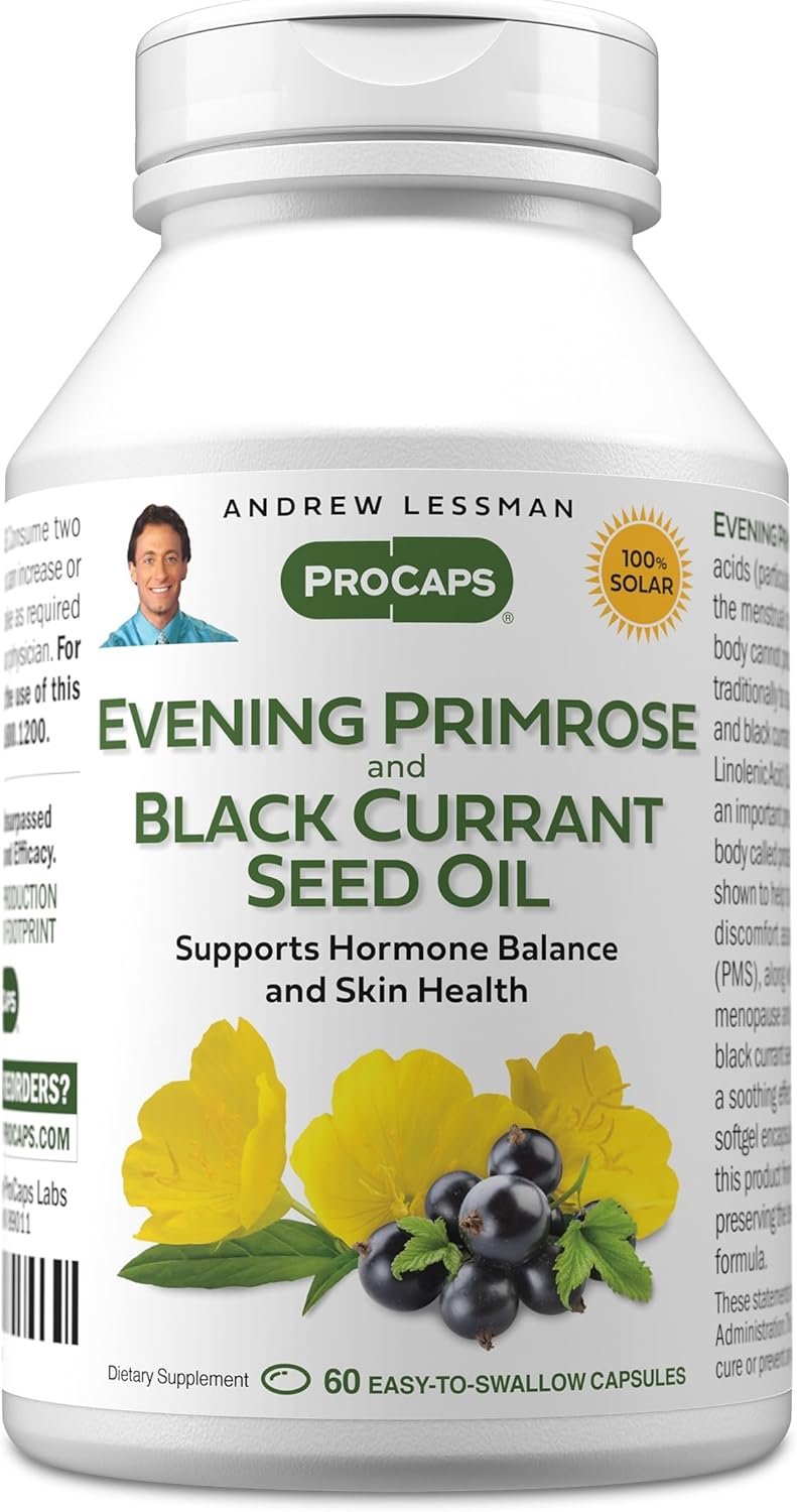 ANDREW LESSMAN Evening Primrose and Black Currant Seed Oil 60 Softgels – Soothes Physical Discomfort and Mood Swings Due to Menstrual Cycle, with Gamma-Linolenic, Omega-6 Fatty Acids, No Additives