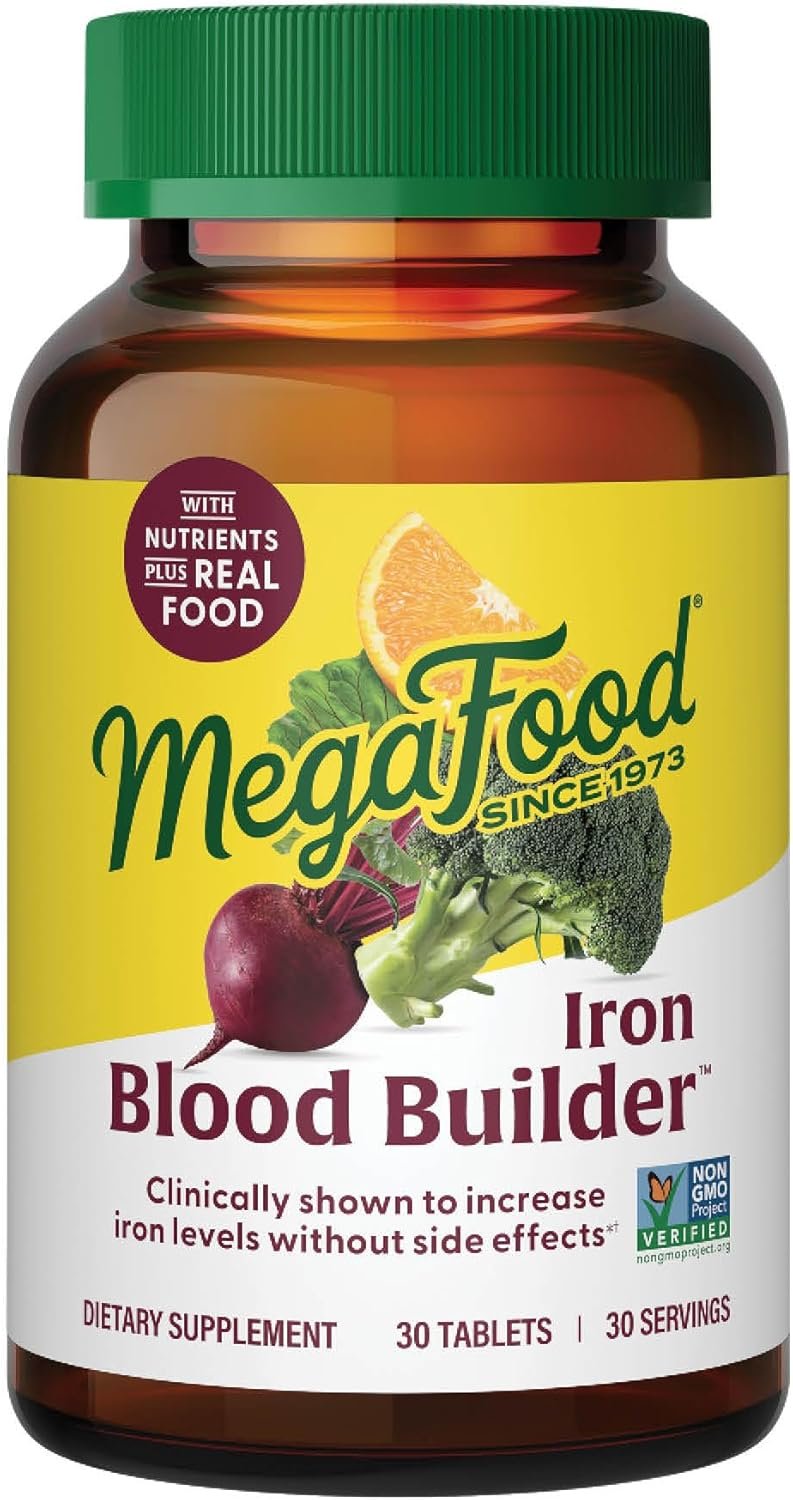 MegaFood Blood Builder Iron Supplement for Women & Men – Increase Iron Levels Without Side Effects – Improves Energy Levels – B12, Folic Acid & Vitamin C for Absorption – Vegan, Non-GMO – 30 Tablets