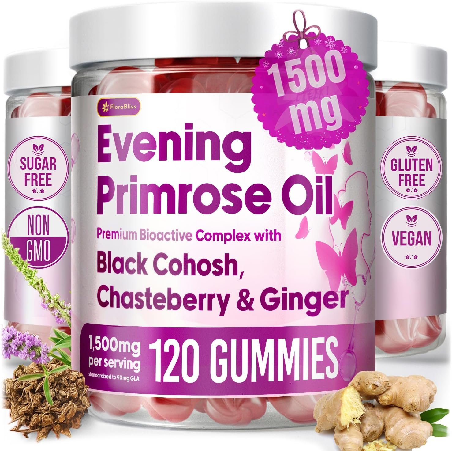 FloraBliss 120 Evening Primrose Oil Gummies | 1500mg | with Black Cohosh, Chasteberry, Ginger Extract for Daily Women’s Wellness Support | Vegan, Non-GMO, Sugar-Free
