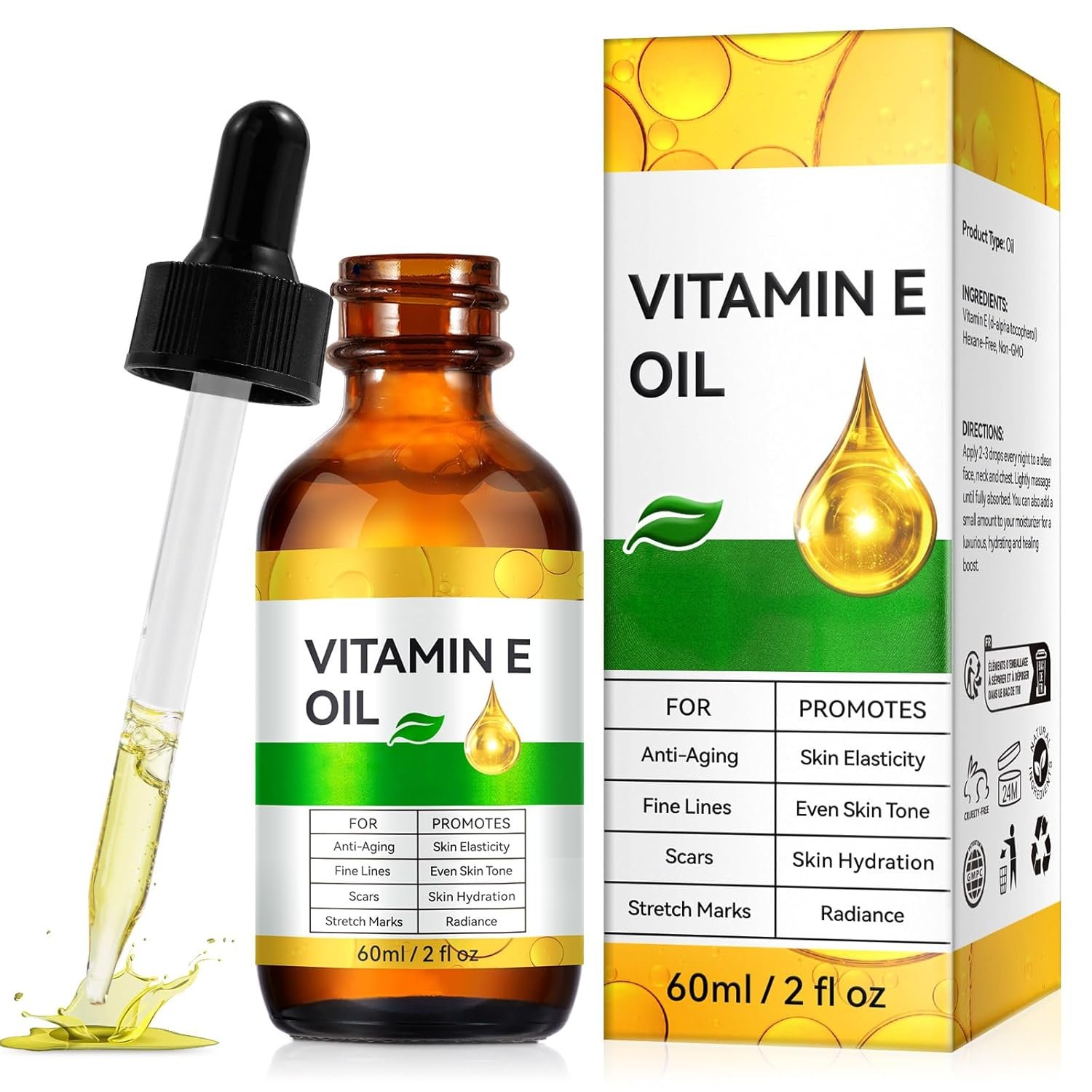 Vitamin E Oil, Vitamin E Oil for Skin, Scars, Face & Full Body, Moisturize Dry Skin and Radiant Skin, Body Bath Oils, Organic Pure Easy to Absorb