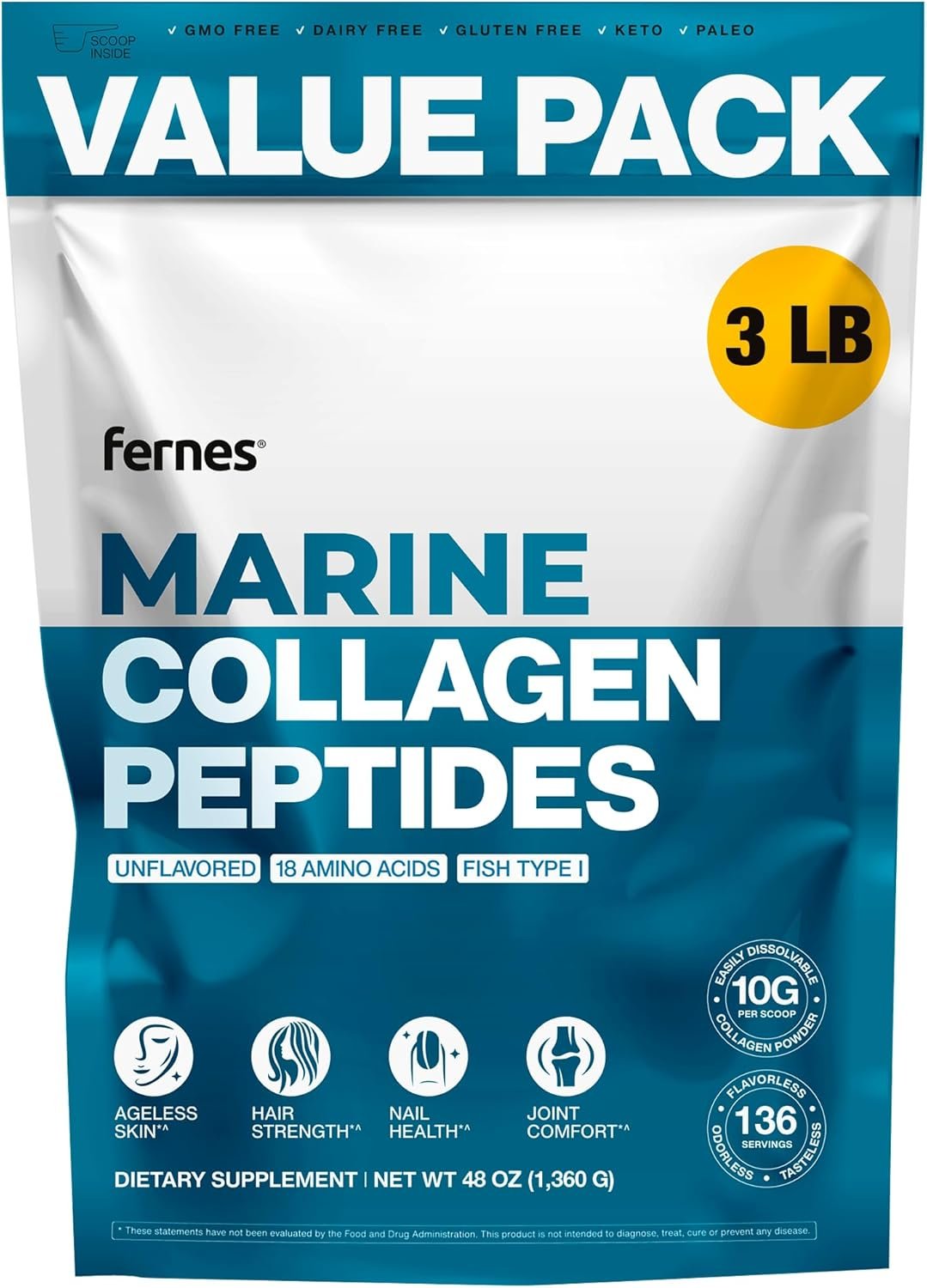 Marine Collagen Peptides for Women Men (3LB) Fish Type I Flavorless & Odorless Easy-Mix Hydrolyzed Protein Joint Hair Skin Wound Healing & Nail Support Gluten-Free Non-GMO Keto Paleo Kosher
