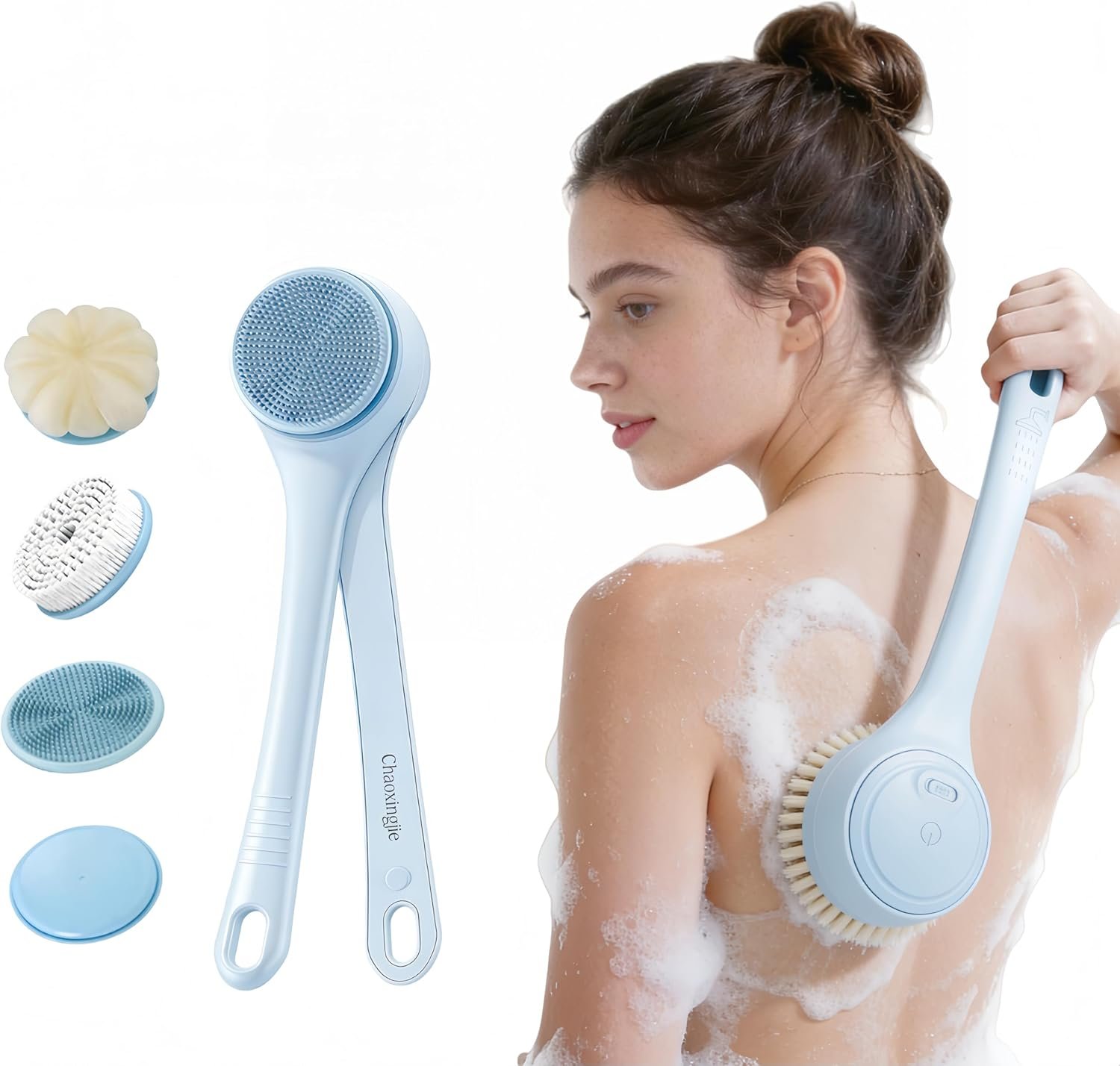 Electric Body Brush Back Scrubber for Shower, Waterproof Long Dual Handle Power Body Scrubber with 4 Heads, Rechargeable Bath Brush & 2 Speeds, for Cleansing, Exfoliating and Massaging Skin