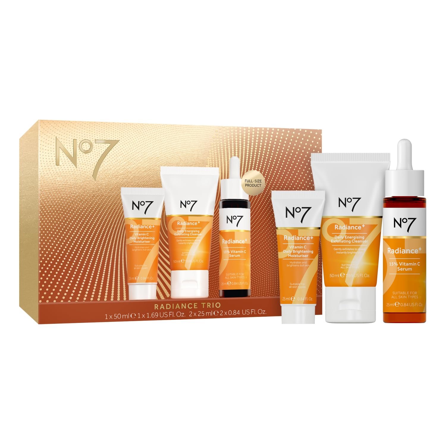 No7 Radiance Trio Gift Set – Includes Radiance+ Brightening Vitamin C Face Moisturizer, 15% Vitamin C Facial Serum, and Daily Energizing Exfoliating Face Wash (3 pieces)