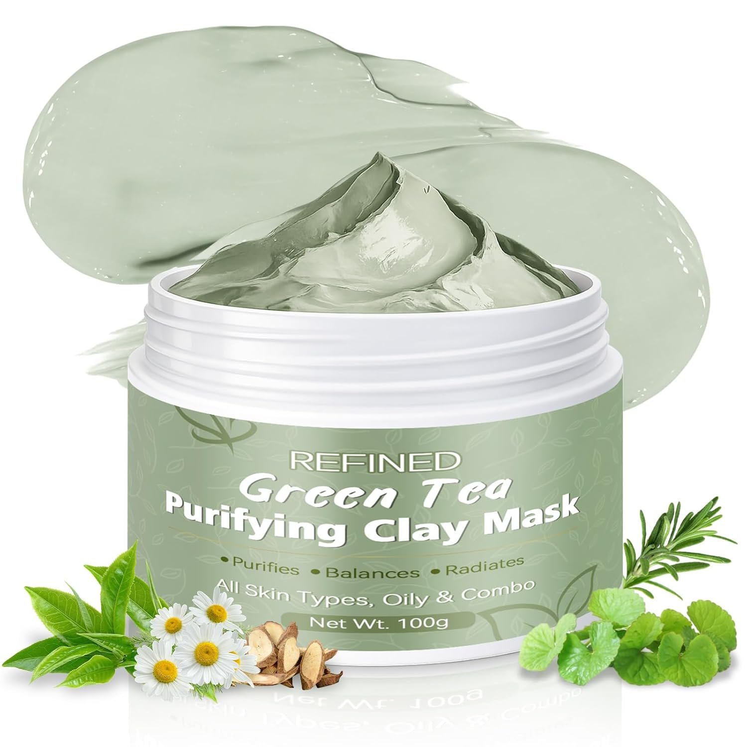 Green Tea Mask, Natural Clay Mask for Face, Deep Pores Cleansing, Oil Control, Moisturizing & Hydrating with Green Tea Extract & Kaolin Clay, Antioxidant Green Tea Face Mask Skincare(3.52 Ounce)
