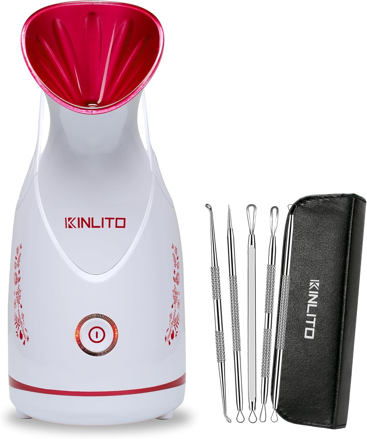 KINLITO Facial Steamer Ionic Face Steamer for Home Facial, Warm Mist Portable Facial Steamer for Deep Cleaning Unclog Pores with Blackhead Remover, Aromatherapy Kit for Personal Home SPA (Rose Red)