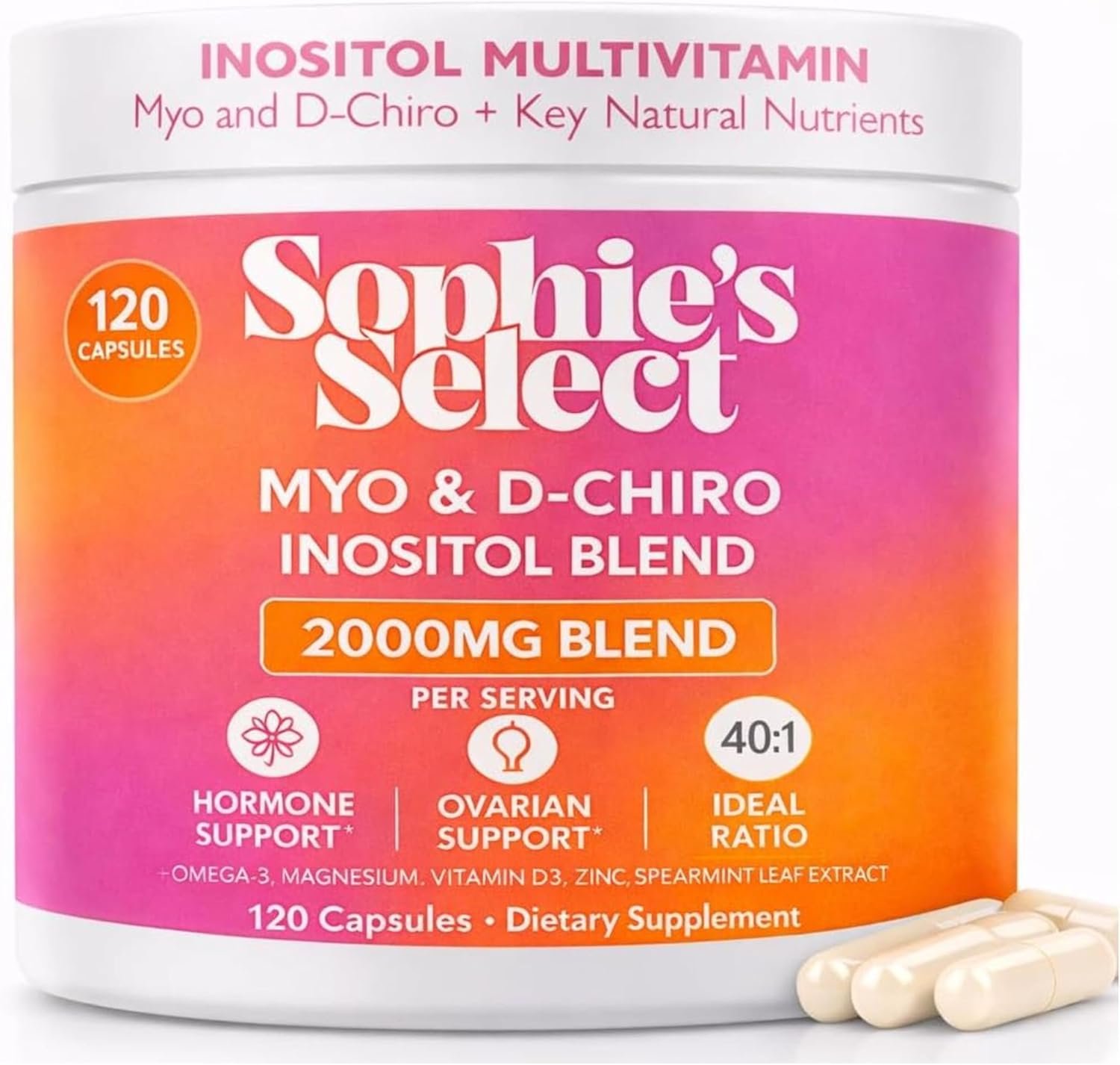 Myo-Inositol & D-Chiro Inositol 2000 mg per Serving – Inositol Supplement for Women 40:1 Formula with Spearmint, Vitamin D3, Zinc & Magnesium – Hormone Balance, Ovarian Support – 120 Capsules 1 Pack