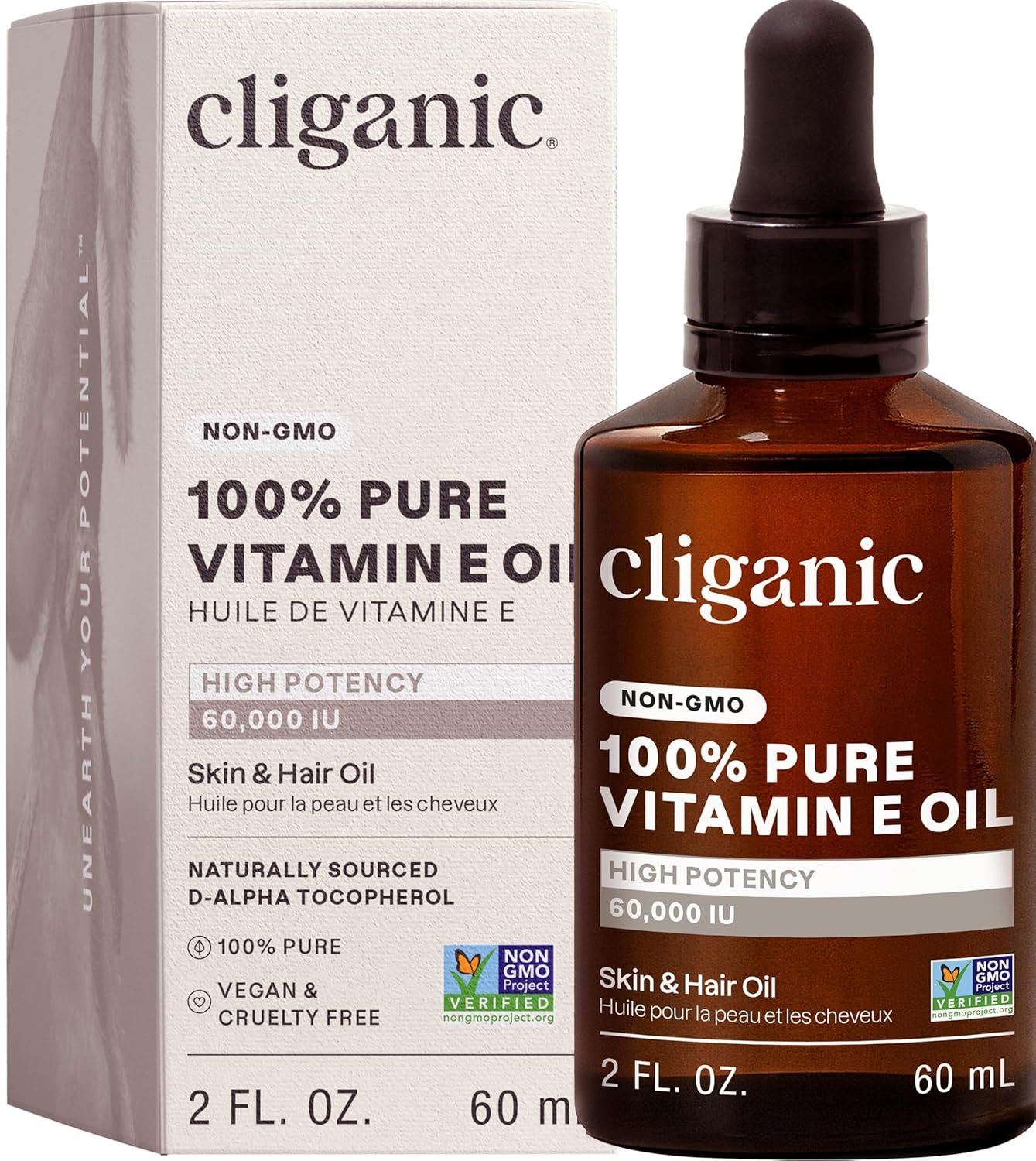 Cliganic Pure Vitamin E Oil for Skin, Scars, Hair & Face – 60,000 IU, Non-GMO Verified | Natural D-Alpha Tocopherol