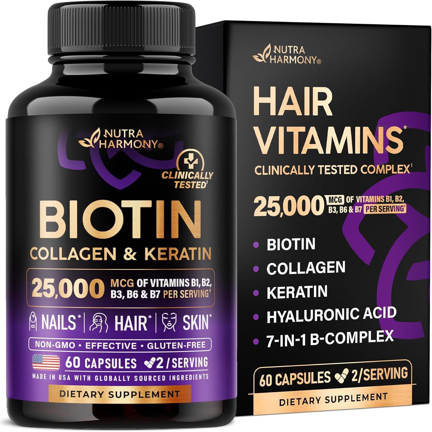 Biotin | Collagen | Hyaluronic Acid | Keratin – Hair Growth & Strength Support Vitamins – Skin & Nails Supplement – Clinically Tested for Men & Women – 25000mcg Vitamins B1, B2, B3, B6 & B7 – 60 Caps