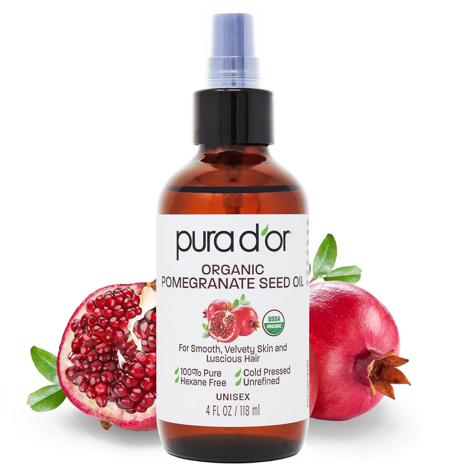 PURA D’OR 4 Oz ORGANIC Pomegranate Oil – 100% Pure USDA Certified Premium Grade, Cold Pressed Body Oil – Rich in Antioxidants – Face and Skin – Hair Moisturizer For Men and Women, Ayurvedic Skin Care
