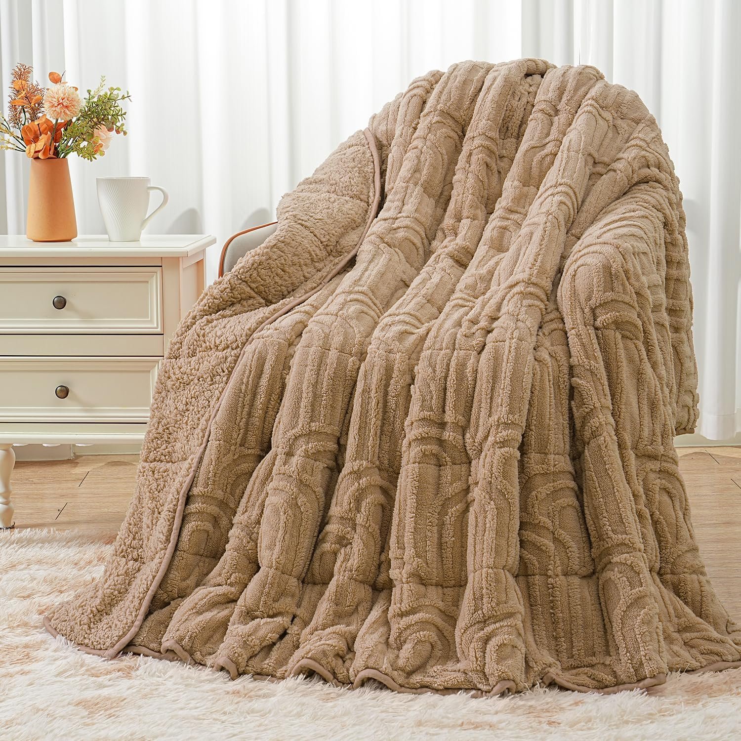 Wemore Jacquard Fleece Weighted Blanket Queen Size 60″ x 80″ 15lbs, Ultra Soft Cozy Sherpa Weighted Blankets for Adults, Ultra Fuzzy Heavy Blanket for Sleep, Fluffy Warm Throw for Bed, Brown