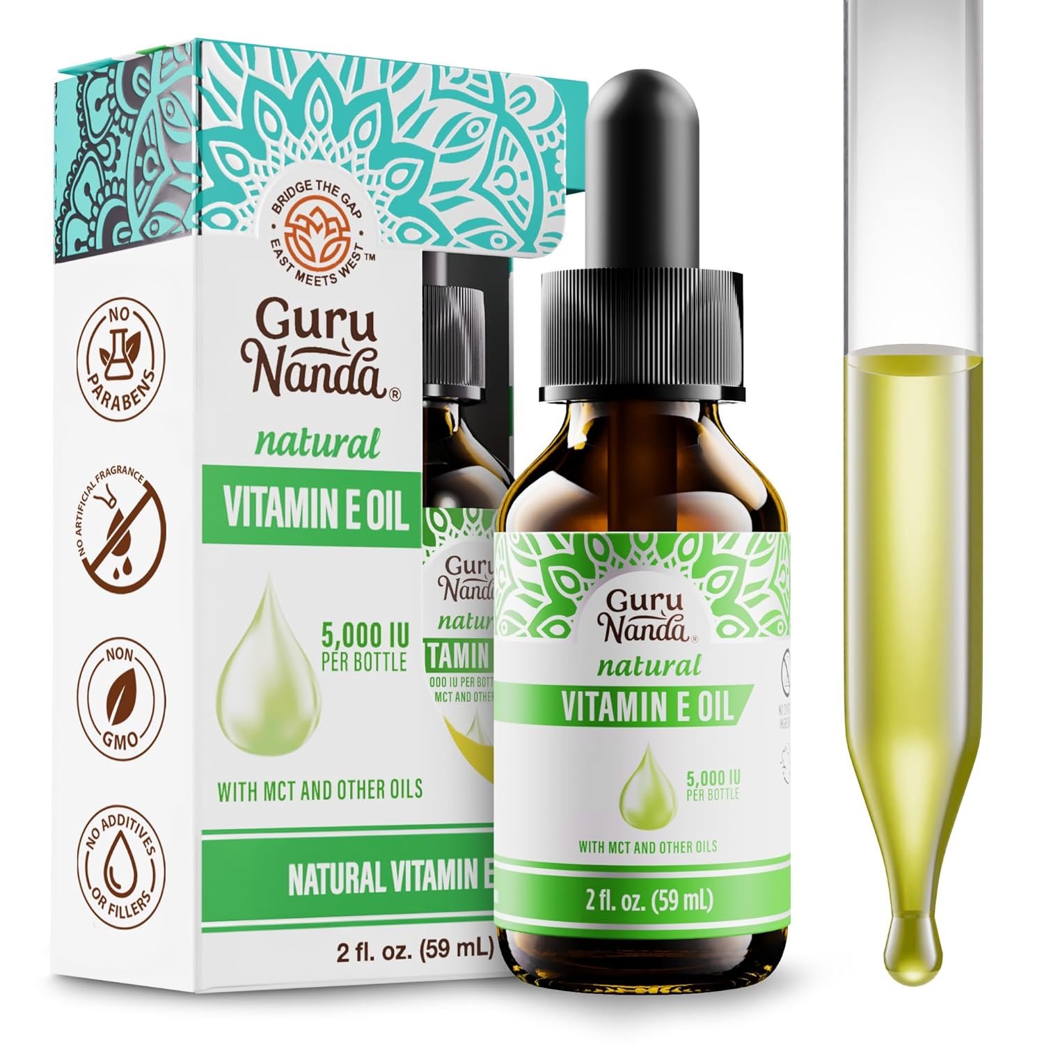 GuruNanda Pure & Natural Vitamin E Oil for Skin, Face, & Nails, 5,000 IU with D-Alpha Tocopherol & MCT Oil to Help Enhance Absorption, Non-GMO & Vegan, 2 FlOz