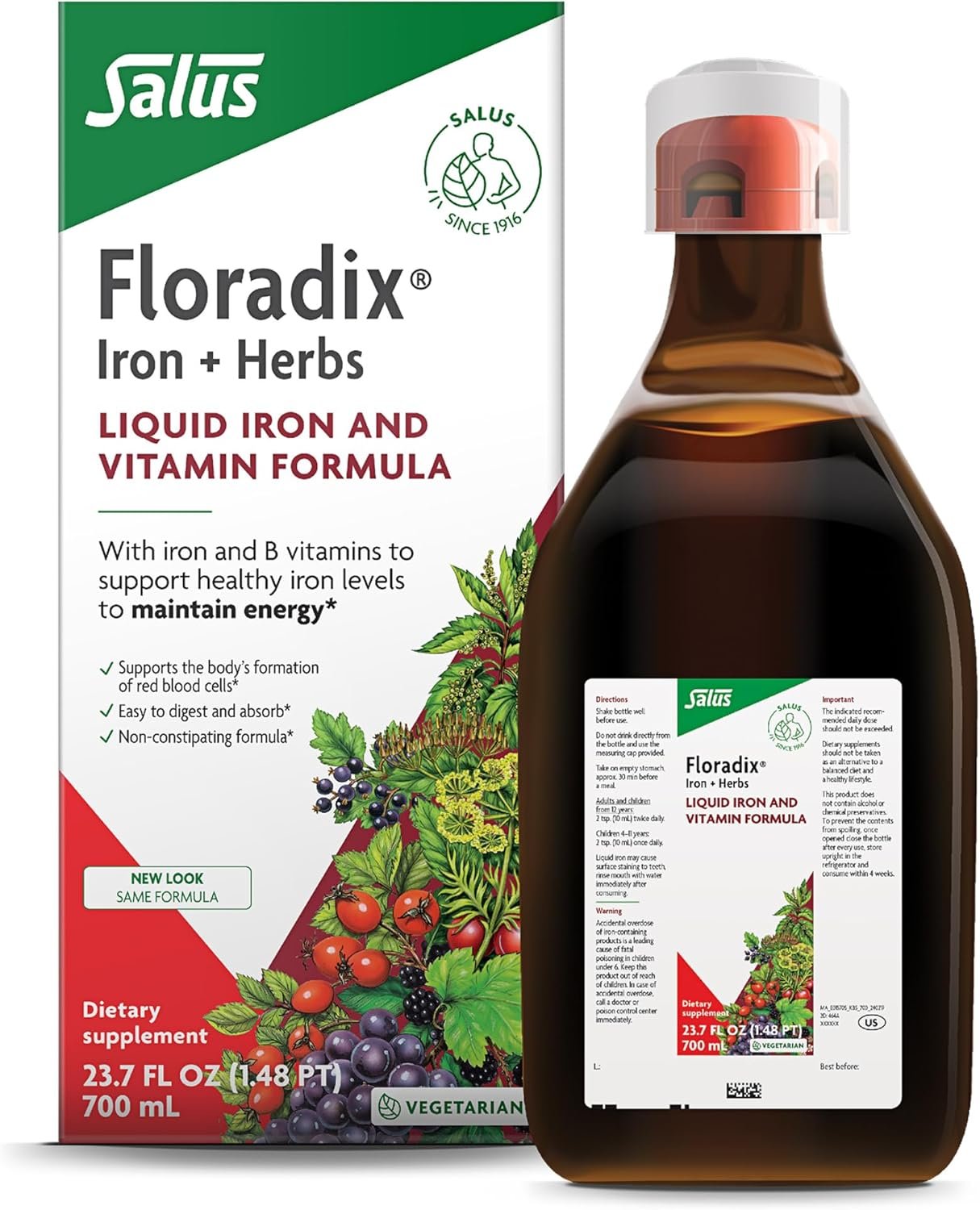 Floradix Iron & Herbs – Liquid Herbal Supplement for Energy Support – Iron Supplement with Vitamin C & Vitamin B Complex – Ferrous Gluconate Iron – for Men & Women – 23.7 fl oz