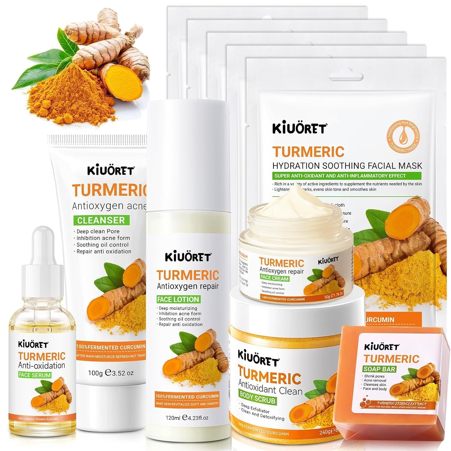 Turmeric Skin Care Set for Women – 11 PCS Turmeric Skincare Set with Cleanser, Soap, Scrub, Face Serum, Lotion, Cream, Facial Masks – Skin Care Sets & Kits Reduce Acne, Hydrating Skin for All Skins