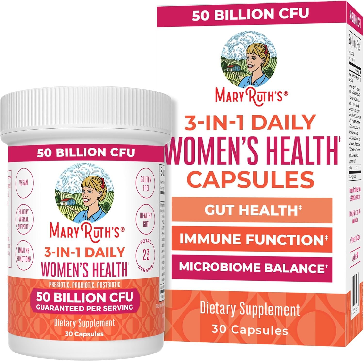 MARYRUTH’S 3-in-1 Daily Health Probiotics + Postbiotics for Women | Hormone Support & Gut Health Supplement for Women | Women’s Probiotic Supports Vaginal Health | 50 Billion CFU | Vegan | 30 ct