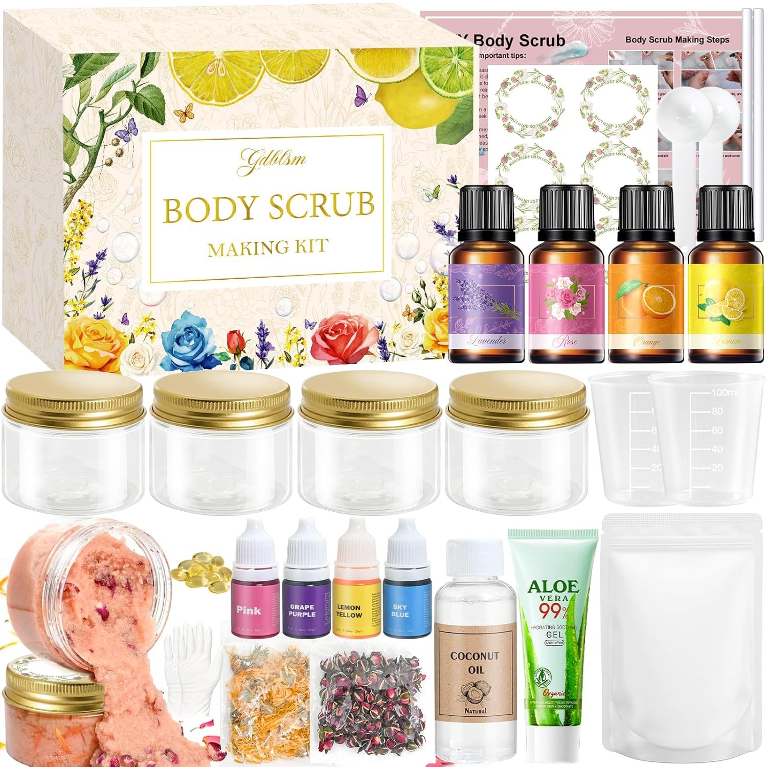 Body Scrub Making Kit- DIY Salt Body Scrub Kit with Coconut oil, Essential Oils, Dried Flowers, Make Your Own Exfoliating Body Scrubber, Moisturizing Dry Skin DIY SPA Kit Gifts For Women & Men