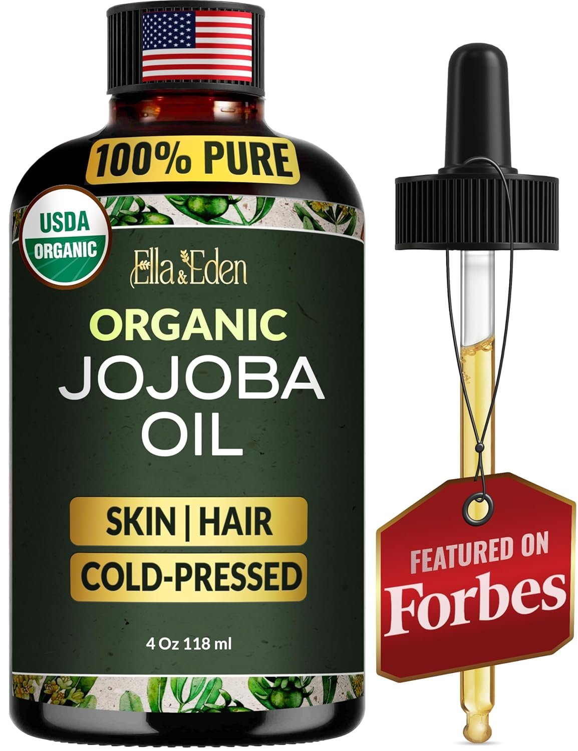 Ella & Eden Organic Jojoba Oil – USDA Certified, Cold-Pressed, 100% Pure & Unrefined, Hexane-Free Oil for Face, Skin, Hair & Nails – 4 Fl Oz Glass Bottle
