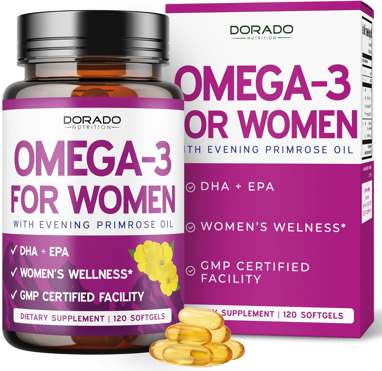 Fish Oil Omega 3 Supplements for Women (120 Softgels) DHA + EPA | Omega-3 Fish Oil Supplements with 800mg Evening Primrose Oil – Heart Health, Hormone Balance, Skin & Wellness Support – 120 Count