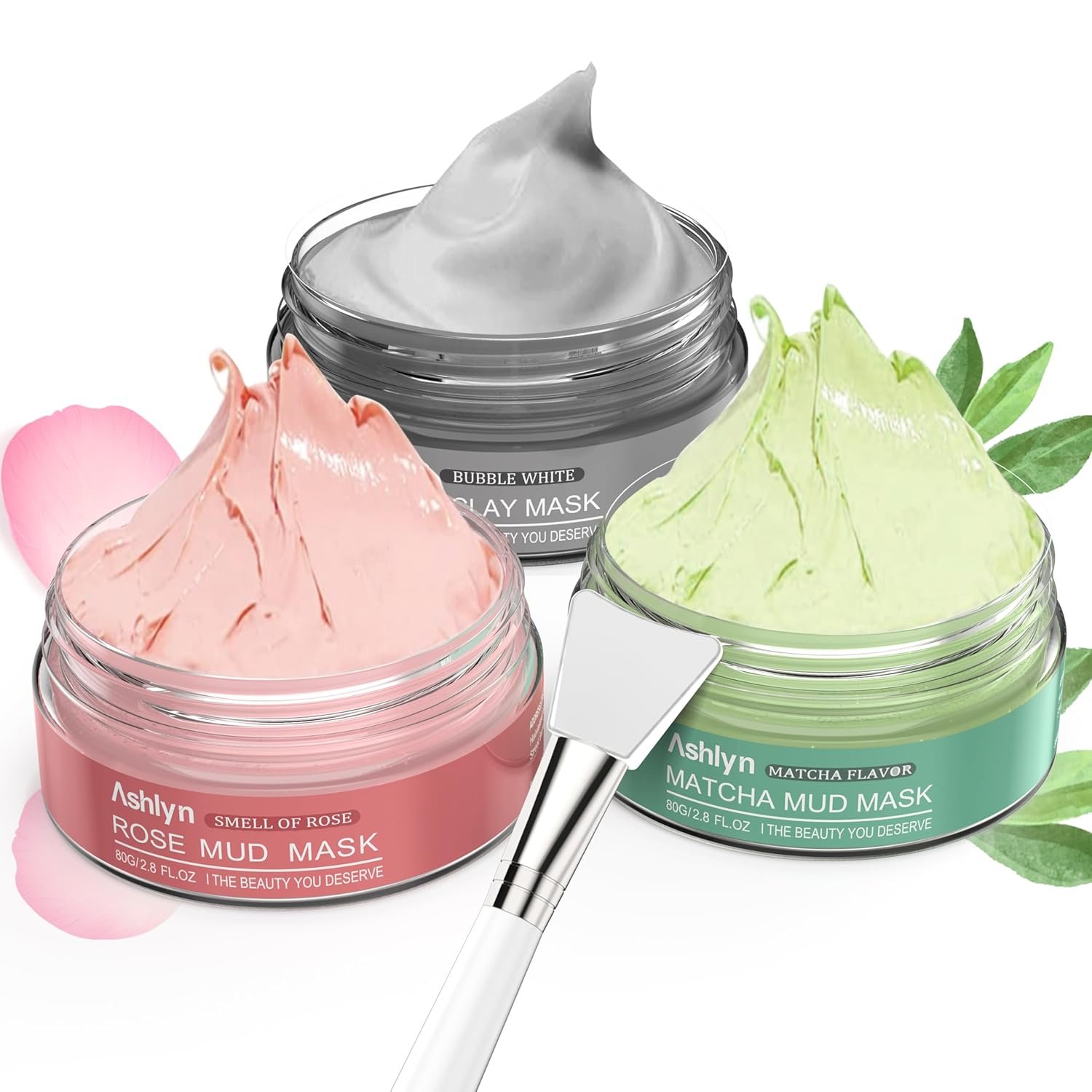 Ashlyn 3-Piece Mud Mask Set, Green Tea Mud Mask, Rose Mask Skincare Series, Dead Sea Foaming Deep Cleansing Mask, Firming Oil Control, Pore-Minimizing Skincare, 8.46 oz