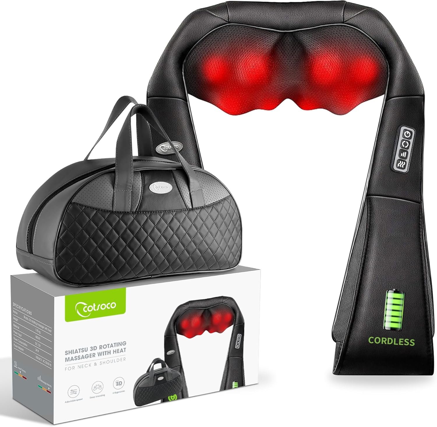 cotsoco Cordless Shiatsu Neck and Shoulder Massager with Heat,Portable Massagers for Neck and Back,3D Deep Tissue Kneading Back Massager for Muscle Pain Relief,Perfect Gifts for Men and Woman