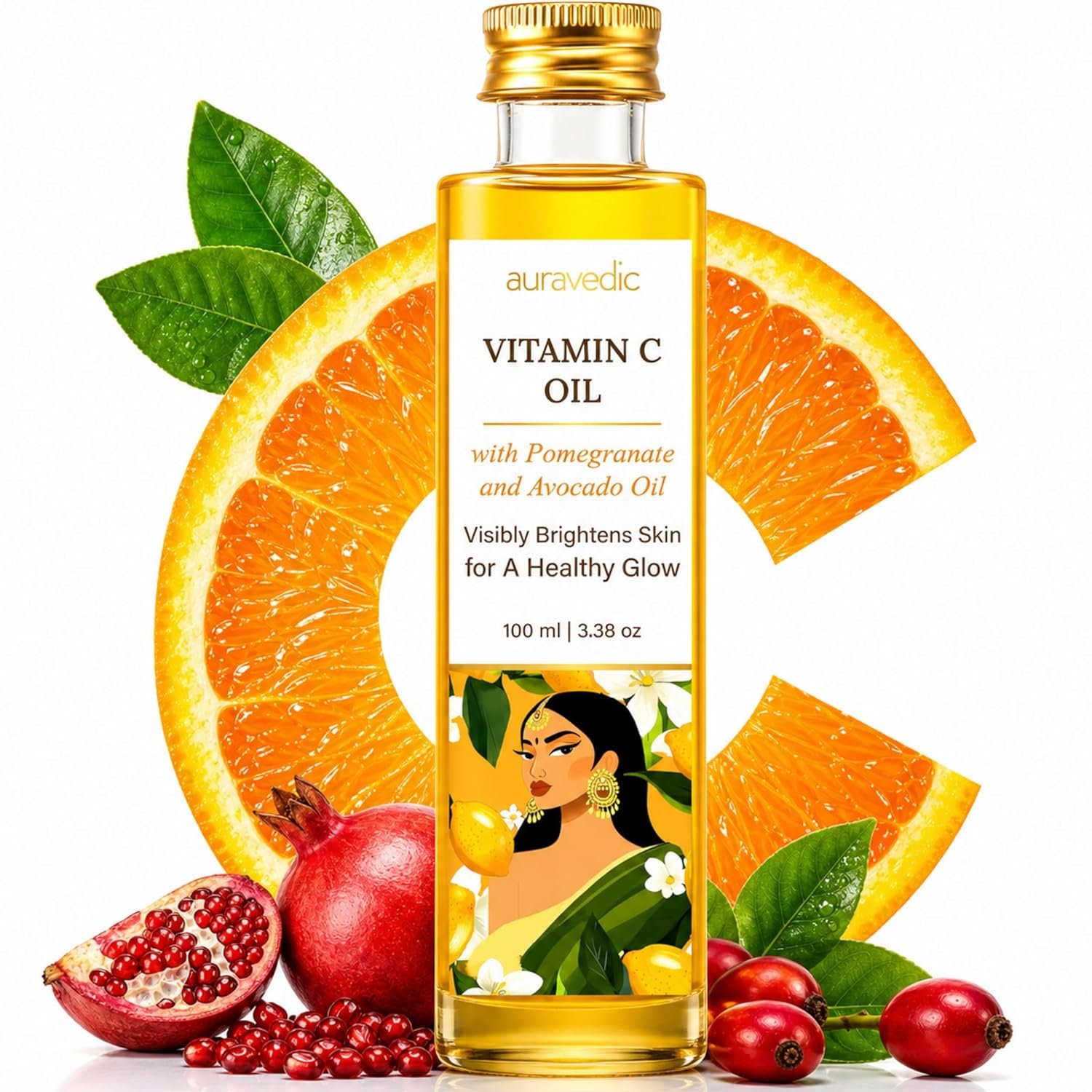 Auravedic Vitamin C Face Oil | with Rosehip, Avocado and Vitamin E | Natural & Organic Skin Moisturizer | Ayurvedic Facial Massage Oil for Soft, Smooth Skin | 3.38 Fl Oz (100ml)