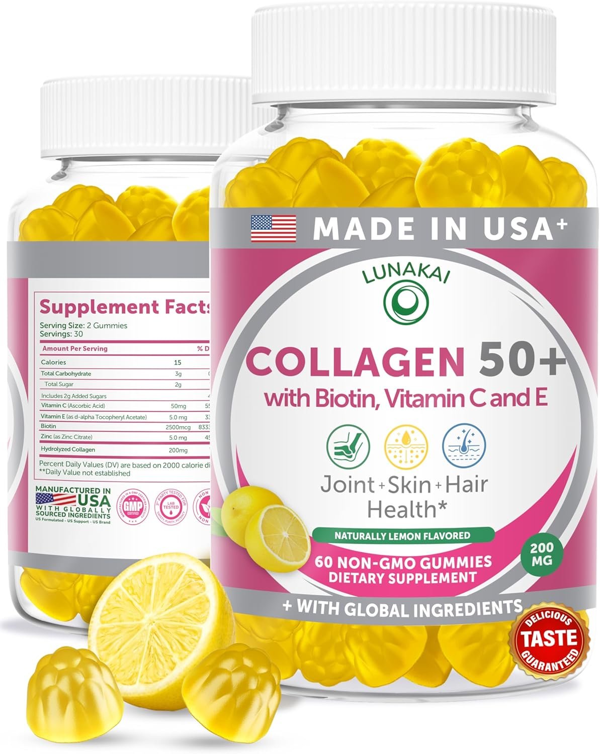 Lunakai USA Made Collagen Gummies for Women & Men Over 50, Biotin & Vitamin C, Supports Skin Elasticity, Hair & Nail Strength, Joint Support, 60ct