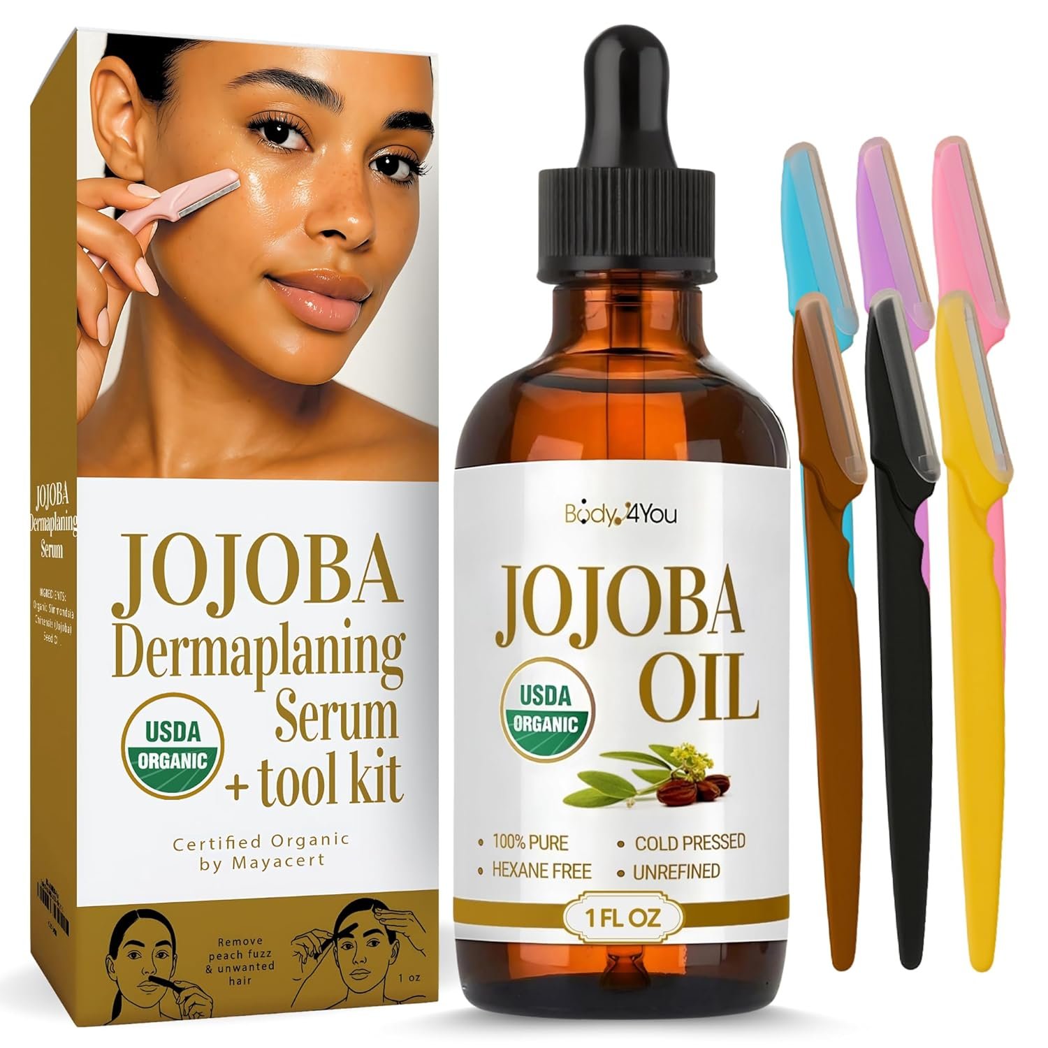 BodyJ4You Organic Jojoba Oil 6PC Dermaplane Razors for Women Face – USDA Organic 100% Pure Natural – Face Razor Eyebrow Hair Trimmer Men Facial Hair Shaver – Unrefined Cold Pressed Skin Care – 1 Fl Oz