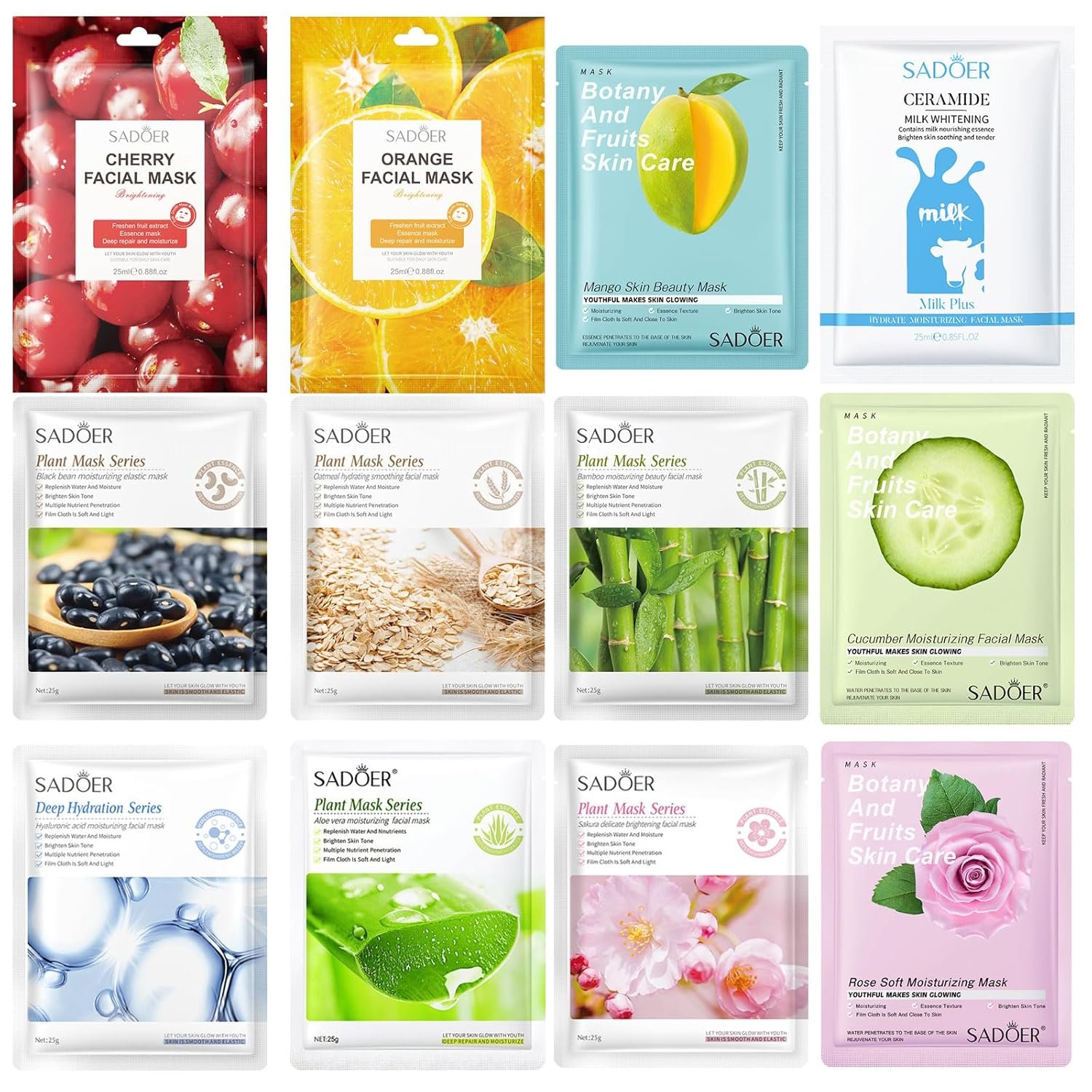 12 Pack Sheet Face Masks Skincare, Gentle & Nourishing Skincare for All Skin Types, Bulk Facial Mask Set for Women & Face Spa, Suitable for Sensitive Skin
