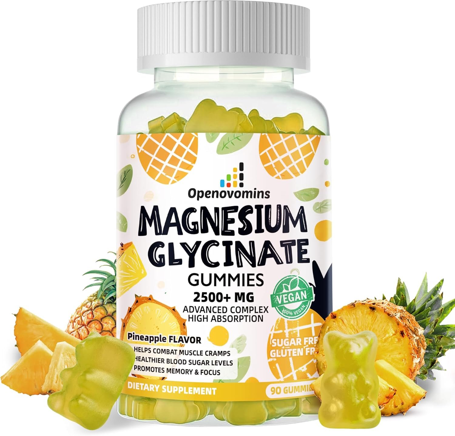 Magnesium Glycinate Gummies 2500mg – Sugar Free Magnesium Potassium Supplement with Vitamin D, B6, CoQ10 for Calm Mood & Sleep Support – 90 Pineapple Gummies